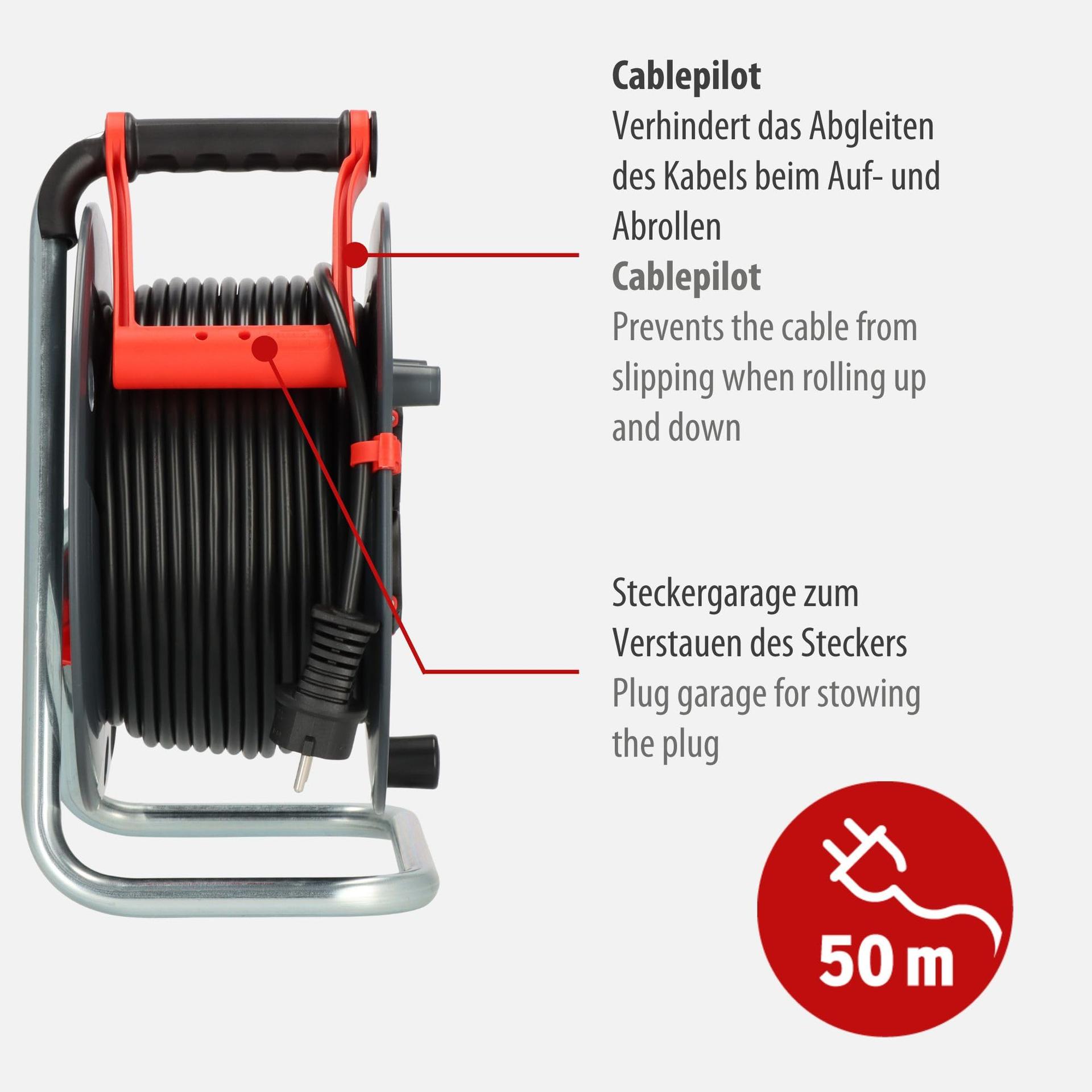Brennenstuhl Garant V2 IP44 kaablirull 50m välitingimustesse (Valmistatud Saksamaal, 3 kaitsega pistikupesa, spetsiaalne plastmaterjal) – pakend ja tarvikud