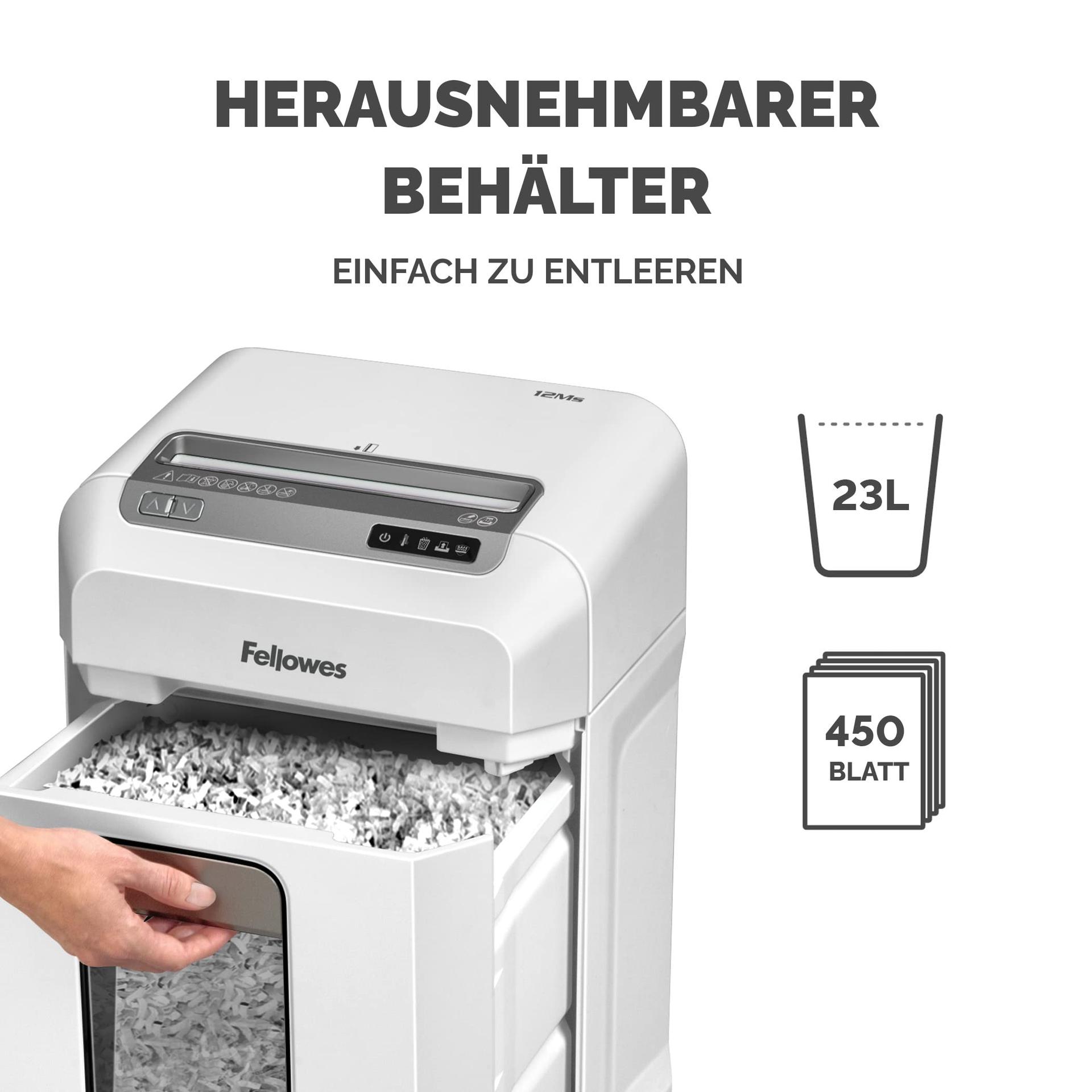 Fellowes paberihunt 12Ms, 12 lehte Minicut (P4), dokumentide hävitaja kontorisse ja kodukontorisse, SafeSense tehnoloogia, 23L paberkast, üle 1000 osakese iga A4 lehe kohta, automaatne tagasikäik – pilt 7