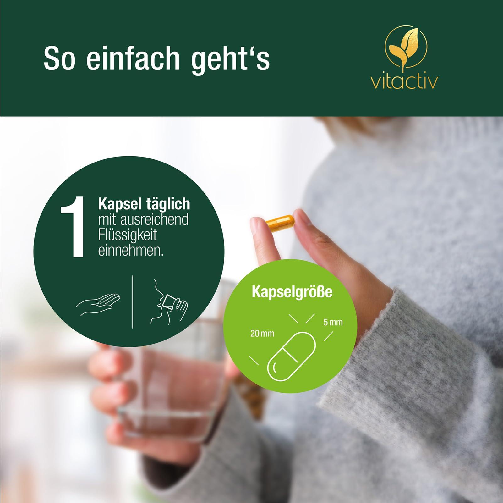VITACTIV Bio Kurkumiin 3000 – 3-pakk. Kõrge annusega kurkumi ekstrakt 95% kurkumiiniga – Must pipar parema imendumise jaoks – 180 kapslit 180 päevaks – Vegan, ilma magneesiumstearaadita – kasutusnäide