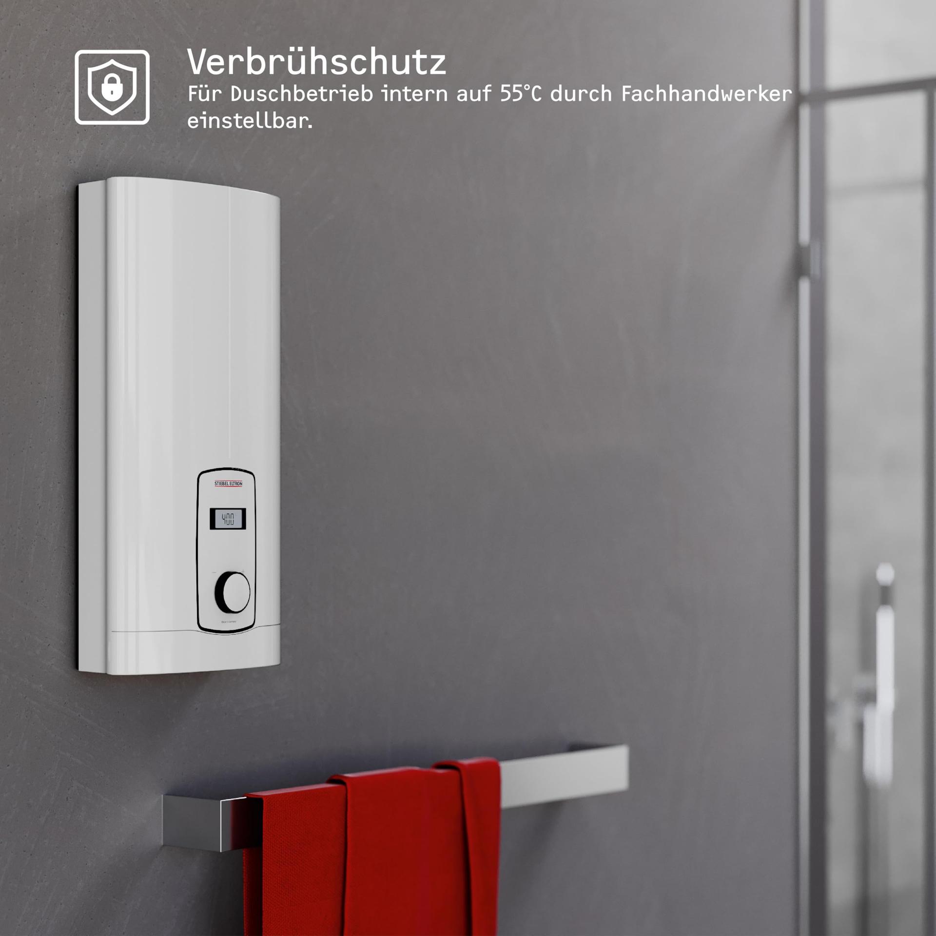 STIEBEL ELTRON elektrooniliselt juhitav vooluboiler DHB-E 18/21/24 LCD, lülitatav, survetaluv, LC-ekraan, täpne soovitud temperatuur, 236745 – pakend ja tarvikud