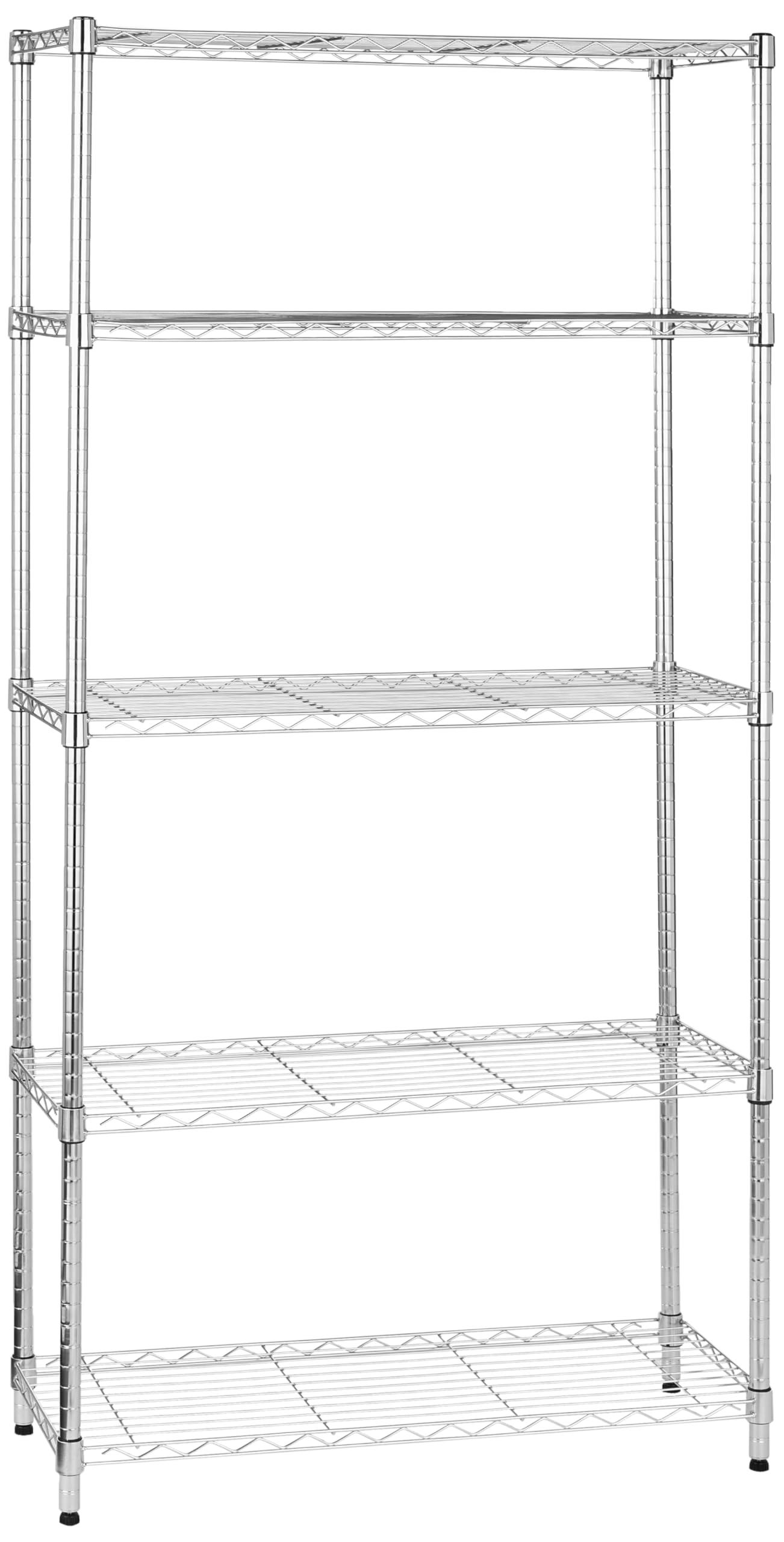 Amazon Basics – 5 riiuliga hoiustamissüsteem, reguleeritava kõrgusega riiuliplaadid ja nivelleerimisjalad, maksimaalne kandevõime 680 kg, kroom, 36 D x 91 W x 183 H cm – detailne vaade