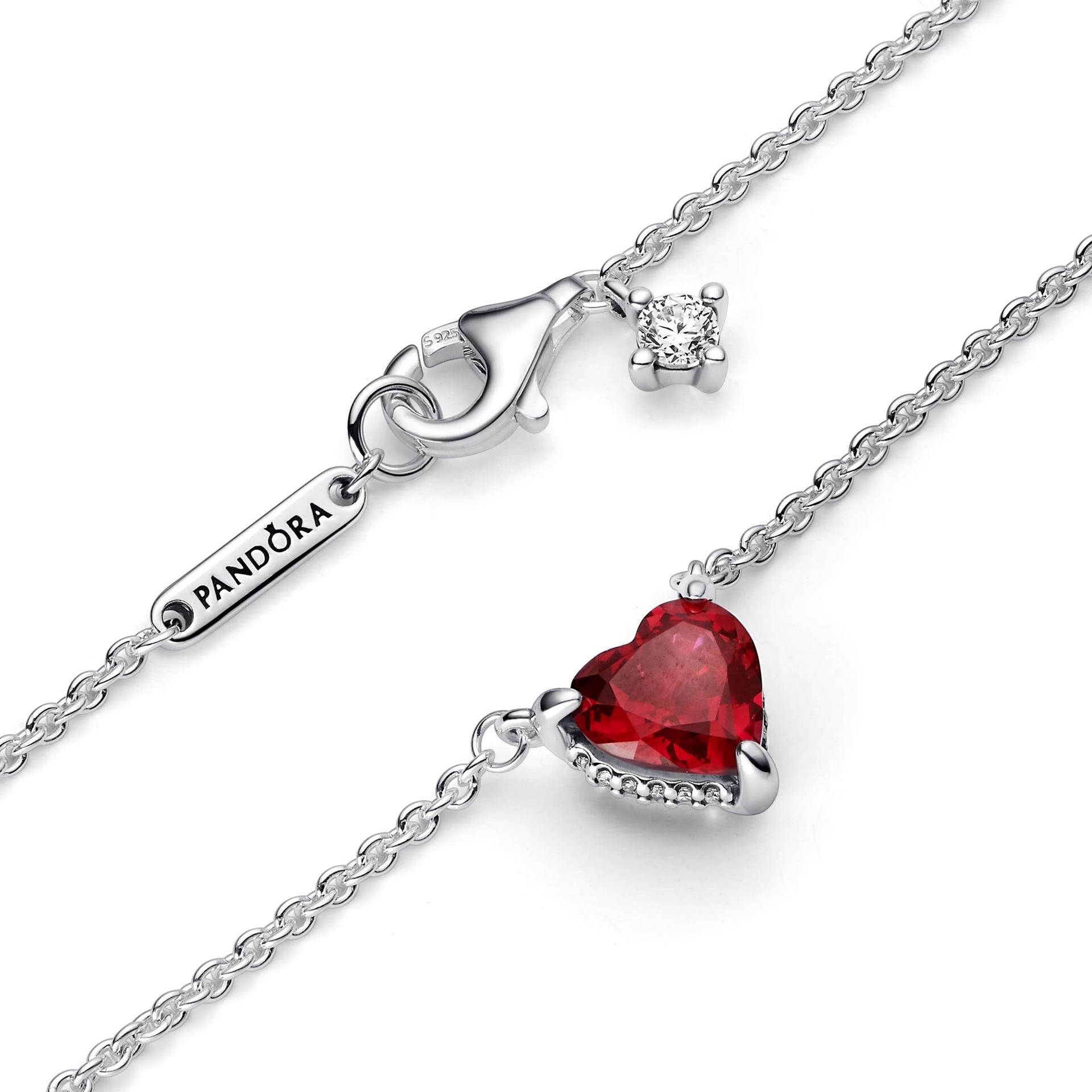 PANDORA Sädelev Südamekujuline Kiirgav Kollje-Kaelakee Sterlinghõbedast Tsirkooniaga, Hõbe-Punane, PANDORA Timeless Collection, Pikkus: 45 cm, 392542C01-45 – pakend ja tarvikud