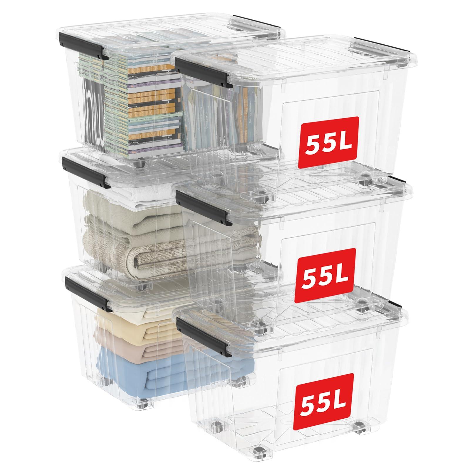 Cetomo C5038 Virnastatav Läbipaistev Plastikust Säilituskarp Kaane ja Ratastega (Polüpropüleen) 55,5 x 40,5 x 36 cm, 55 L, 6-osaline komplekt