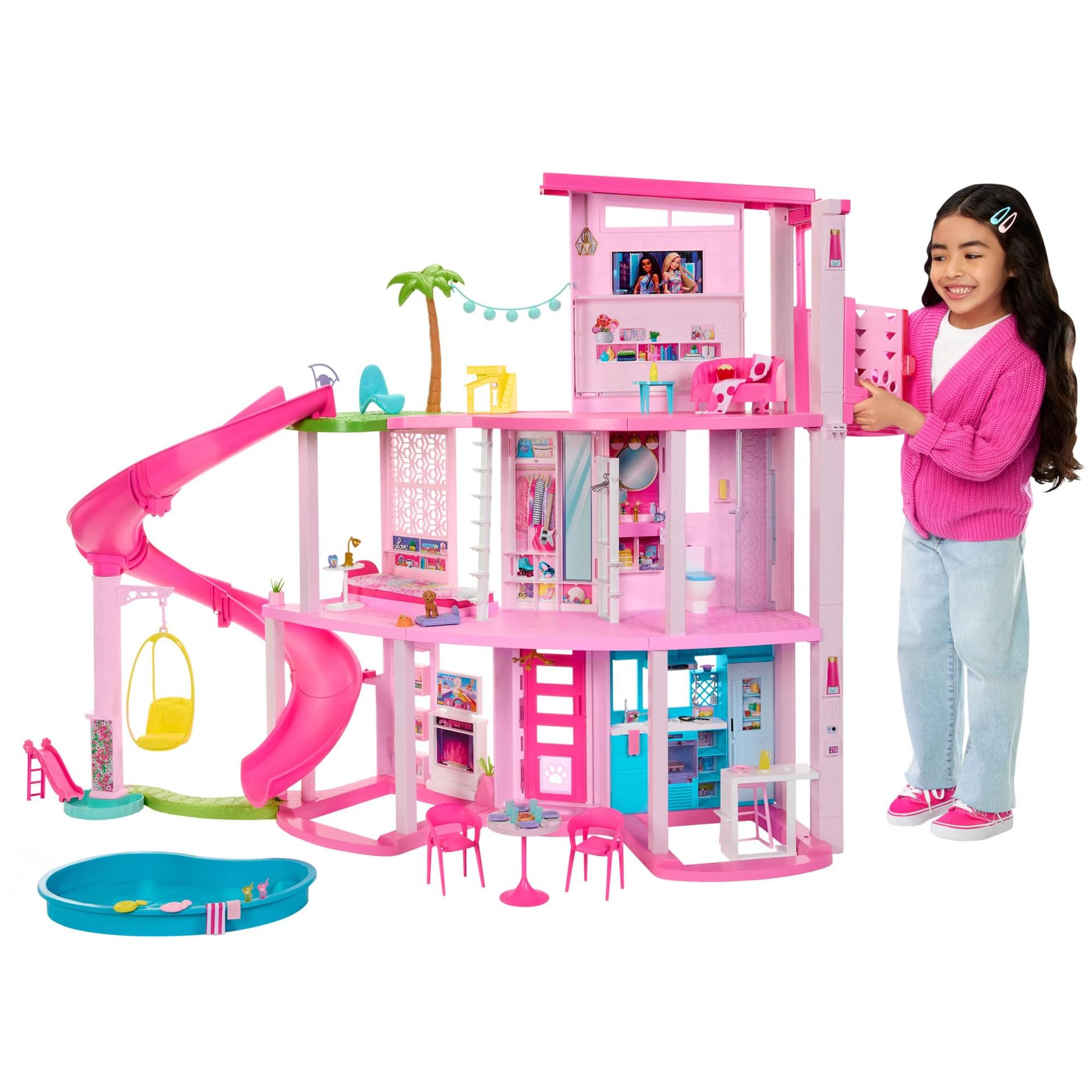 Barbie Unistuste Villa – 3-korruseline Barbie maja 10 mängualaga, bassein, liumägi, lift, 75 nukutarvikut, mängukoer, mänguasi lastele alates 3. eluaastast, HMX10