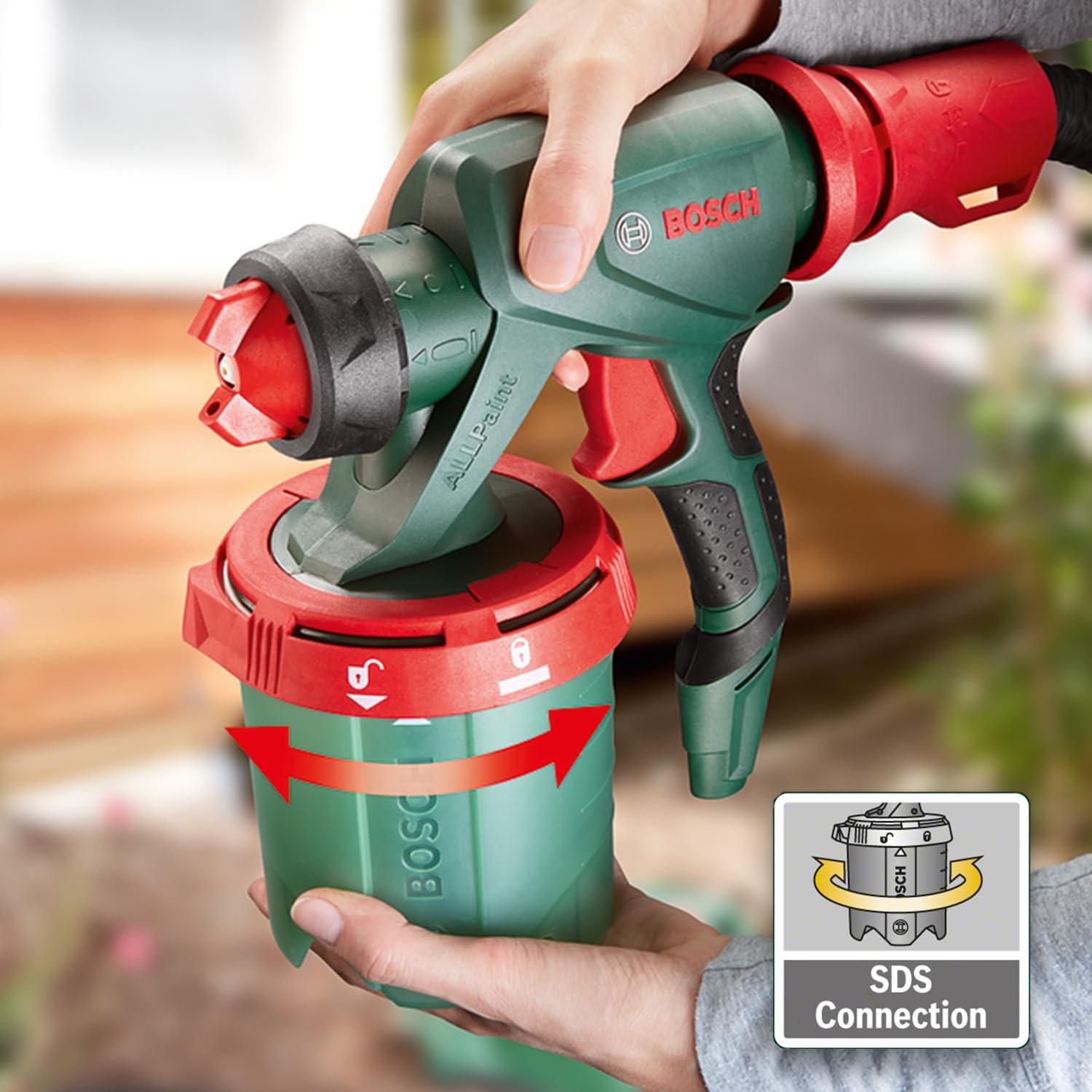 Bosch värvipihustussüsteem PFS 5000 E (1200 W, 2x 1000 ml värvimahuti, düüsid seinavärvidele, lakivärvidele, peitsidele, karbis) – Amazon Edition – pakend ja tarvikud