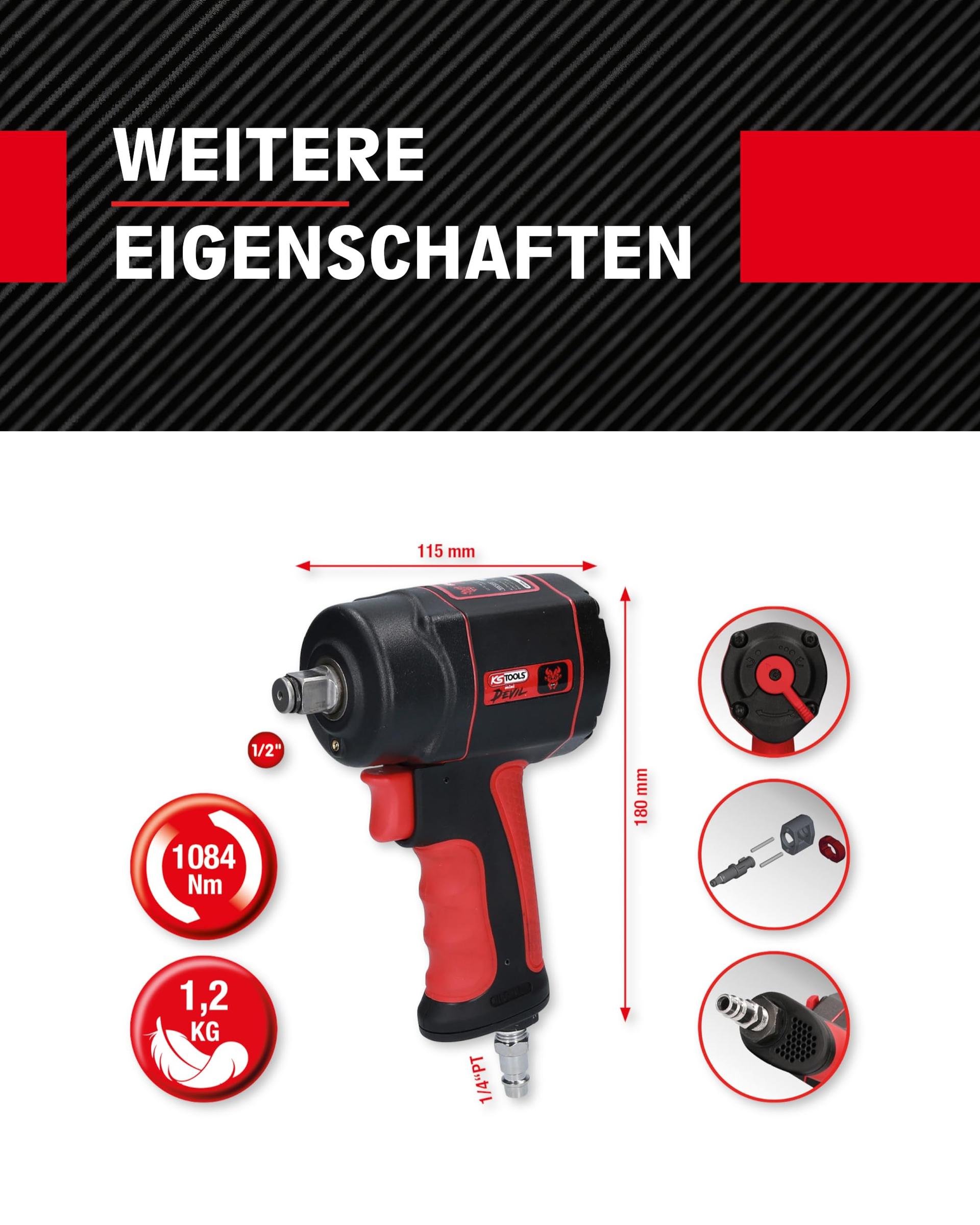 KS Tools suure jõudlusega löökmutrikeeraja suruõhuga miniDEVIL 1/2″ 515.1315 | 3-astmeline pöördemomendi valik 210, 503, 755 Nm, maksimaalne lahtikeeramise moment 1084 Nm | Kruvide pingutamiseks ja lahtikeeramiseks – kasutusnäide