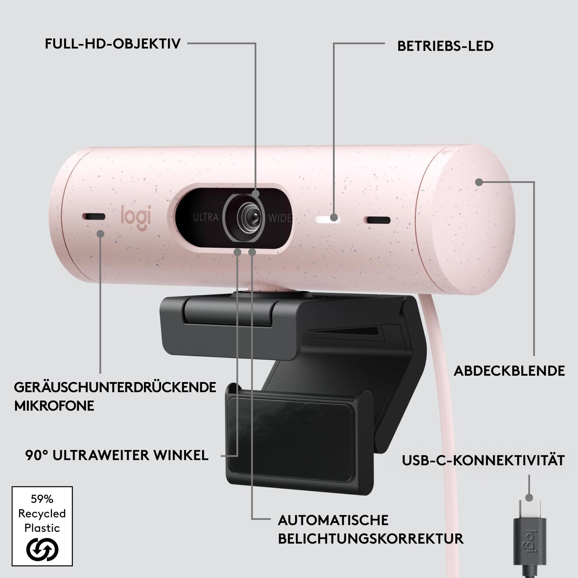 Logitech Brio 500 Full-HD veebikaamera automaatse valguskorrektsiooni, esitlusrežiimi, topeltmikrofoni ja mürasummutusega, privaatsuskattega, Microsoft Teams, Google Meet, Zoom, USB-C-kaabliga – Roosa – pilt 7