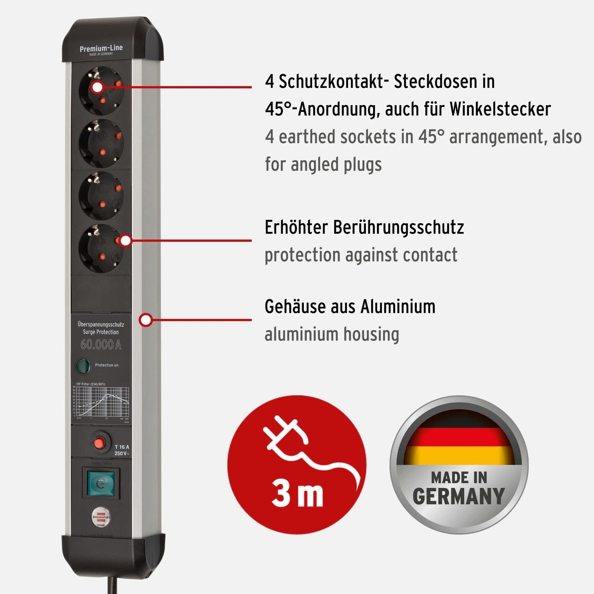Brennenstuhl Premium-Protect-Line 4-osaline pikendusjuhe ülepinge kaitsega 60 000A (lülitiga ja 3m kaabliga