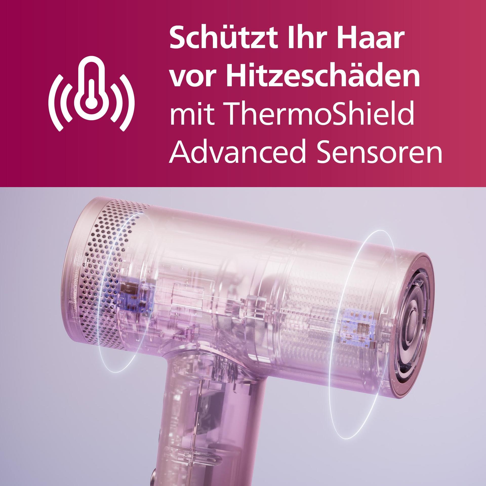 Philips kiiretoimeline föön Series 8000, ThermoShield Advanced, ioontehnoloogia, stiilidüüs & difuusor, peanaha hooldus, 1400 W, Rose Champagne, mudel BHD837/10 – detailne vaade