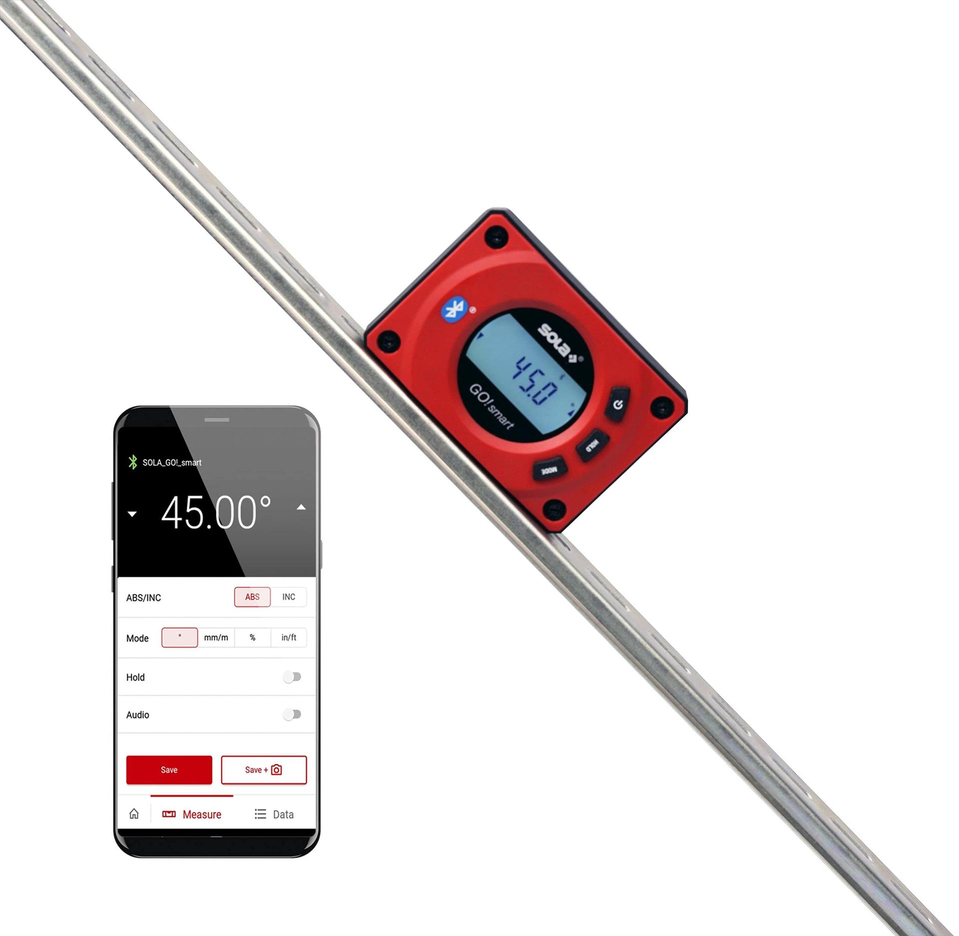 SOLA – GO! smart – digitaalne nurgamõõtja Bluetoothiga – digitaalne lood koos LCD-ekraaniga – kaugjuhtimine nutitelefoni ja rakenduse kaudu – magnetiline kalde- ja astmemõõtja V-soonega – bevel box magnetiline – IP54 – pilt 6