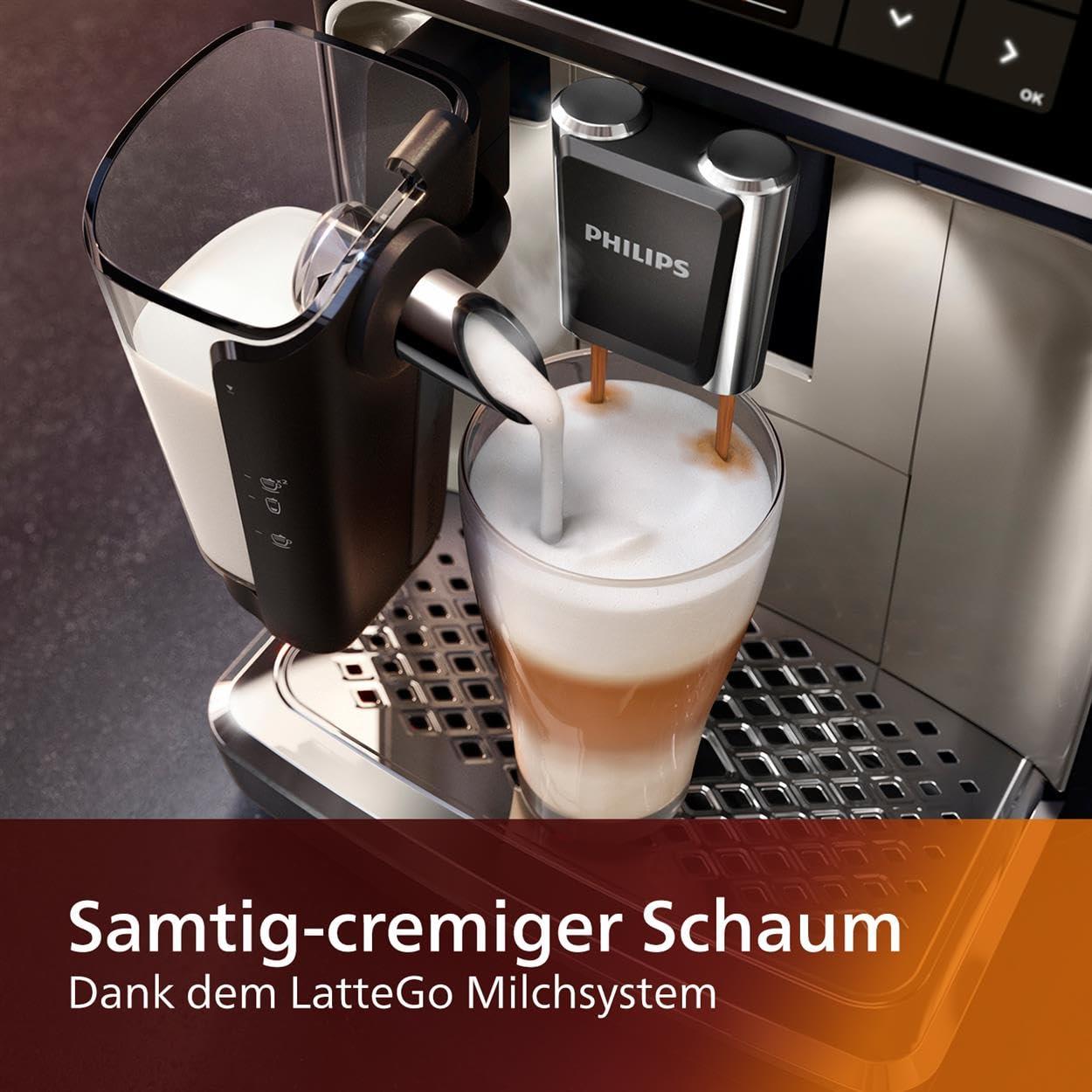 Philips Serie 5400 täisautomaatne kohvimasin – LatteGo piimasüsteem, 12 kohvijoogi varianti, intuitiivne ekraan, 4 kasutajaprofiili, kroom (EP5447/90) – pakend ja tarvikud