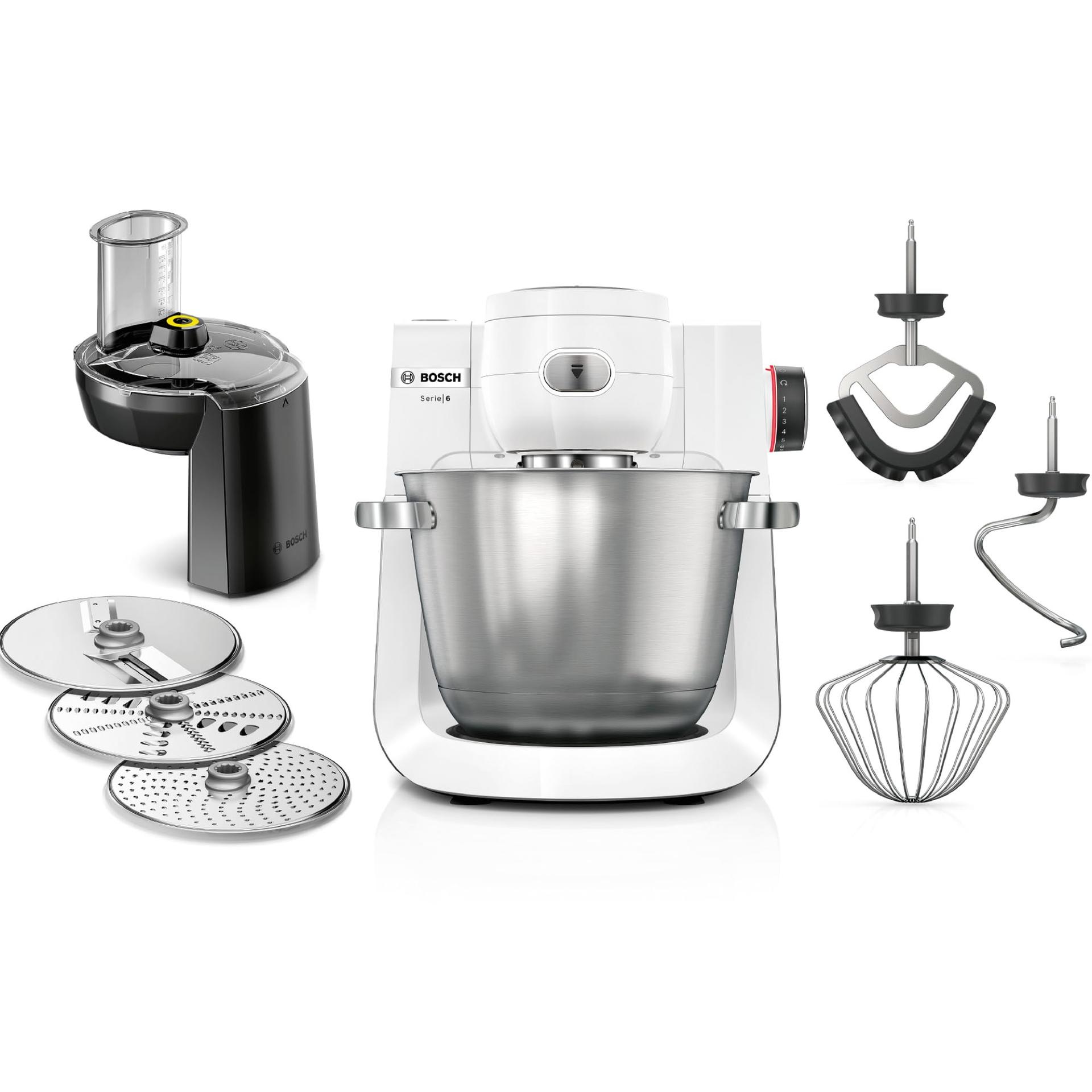 Bosch köögikombain Series 6 MUMS6EW13D, UUS, 7 kiirusastet, 5,5l kauss, lõikur, 3 ketast, taignakonks, segamislabidas, silikoonvispel, nõudepesumasinas pestav, 1 600 W, hõbedane/valge