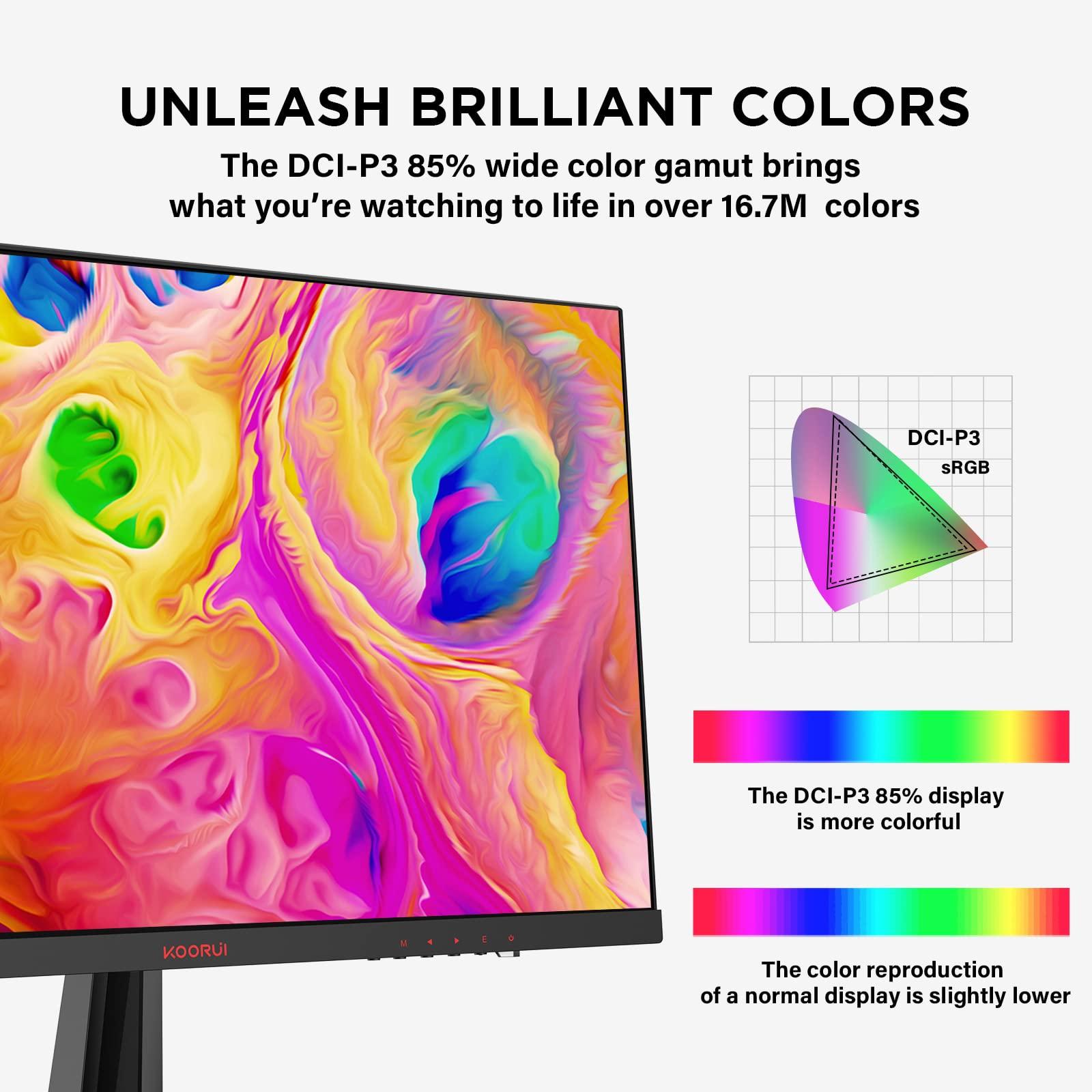 KOORUI 24-tolline monitor, Full-HD mängumonitor, VA-paneel, 1ms, 165Hz, DCI-P3 85%, AdaptiveSync tehnoloogia, 2x HDMI, DisplayPort, reguleeritav kaldenurk, must – pakend ja tarvikud