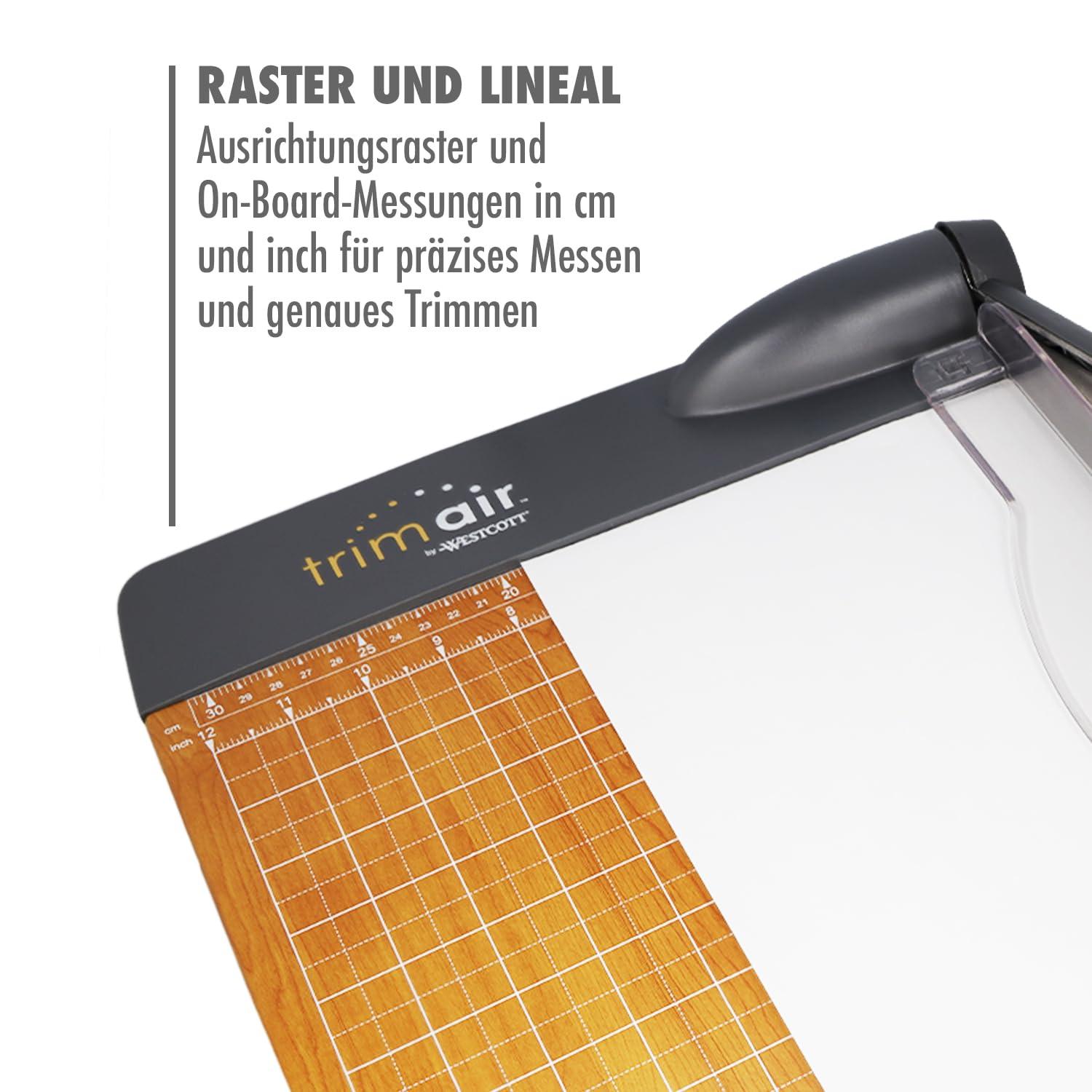 Westcott TrimAir Paberilõikur 15″ (38 cm), Premium lõikemasin puitsüdamikuga ja titaaniga kaetud teraga, kanglõikur koos ruudustiku ja mõõtskaaladega kuni 30 lehele, 15107 – kasutusnäide