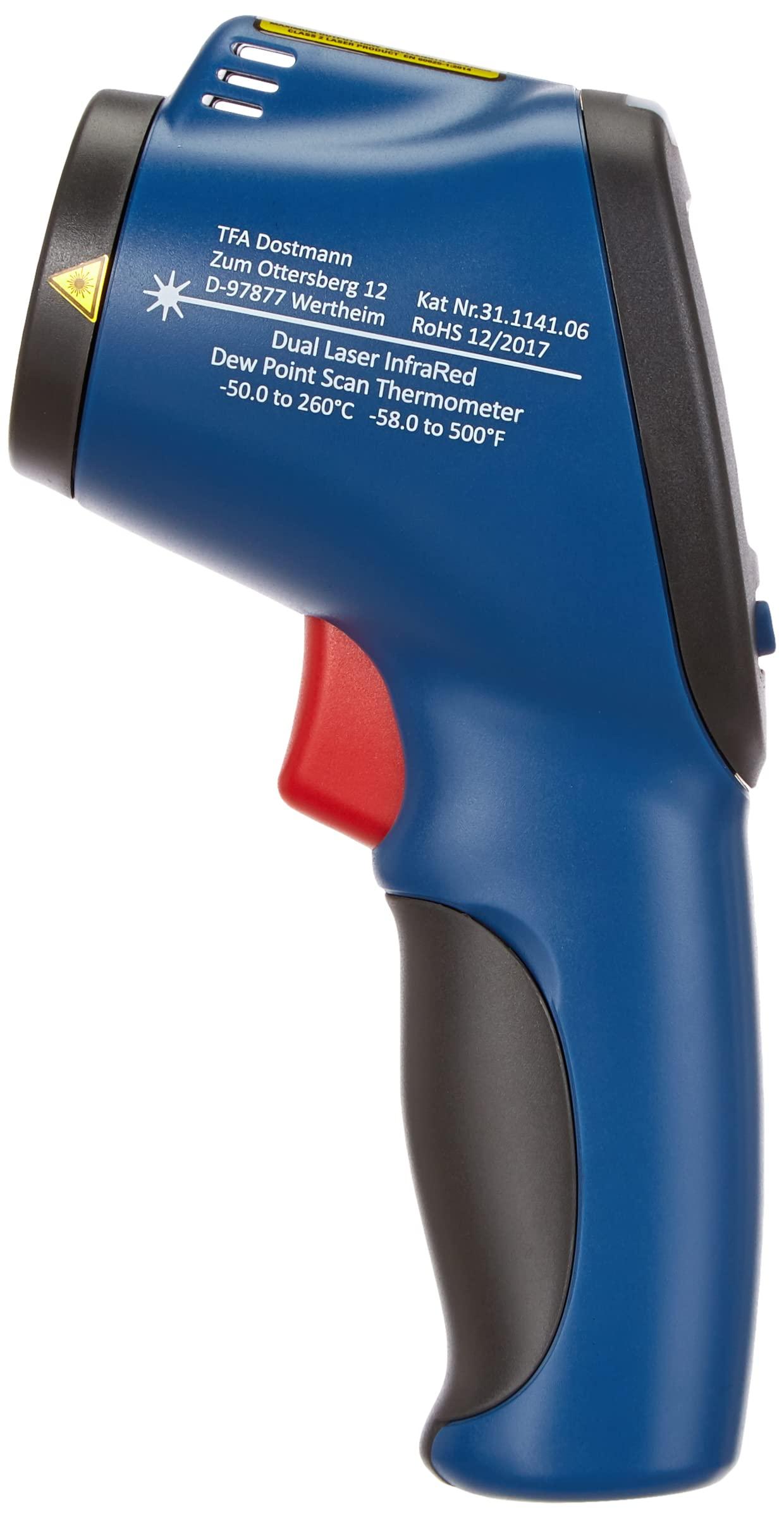 TFA Dostmann HALLITUSE DETEKTOR Infrapuna-Termomeeter Taupunktmõõtmise ja Topeltlaserviisriga, Sinine, L110 x B72 x H240 mm – detailne vaade