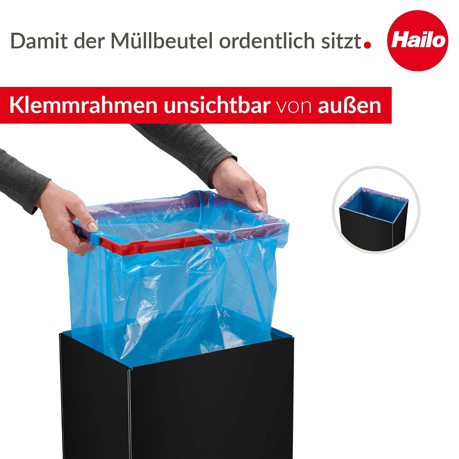 Hailo Big-Box Swing XL prügikast – 1 x 52 liitrit – isesulguv kiikekaas – terasplekist – prügikotiraam – ristkülikukujuline köögiprügikast – valmistatud Saksamaal – must – kasutusnäide