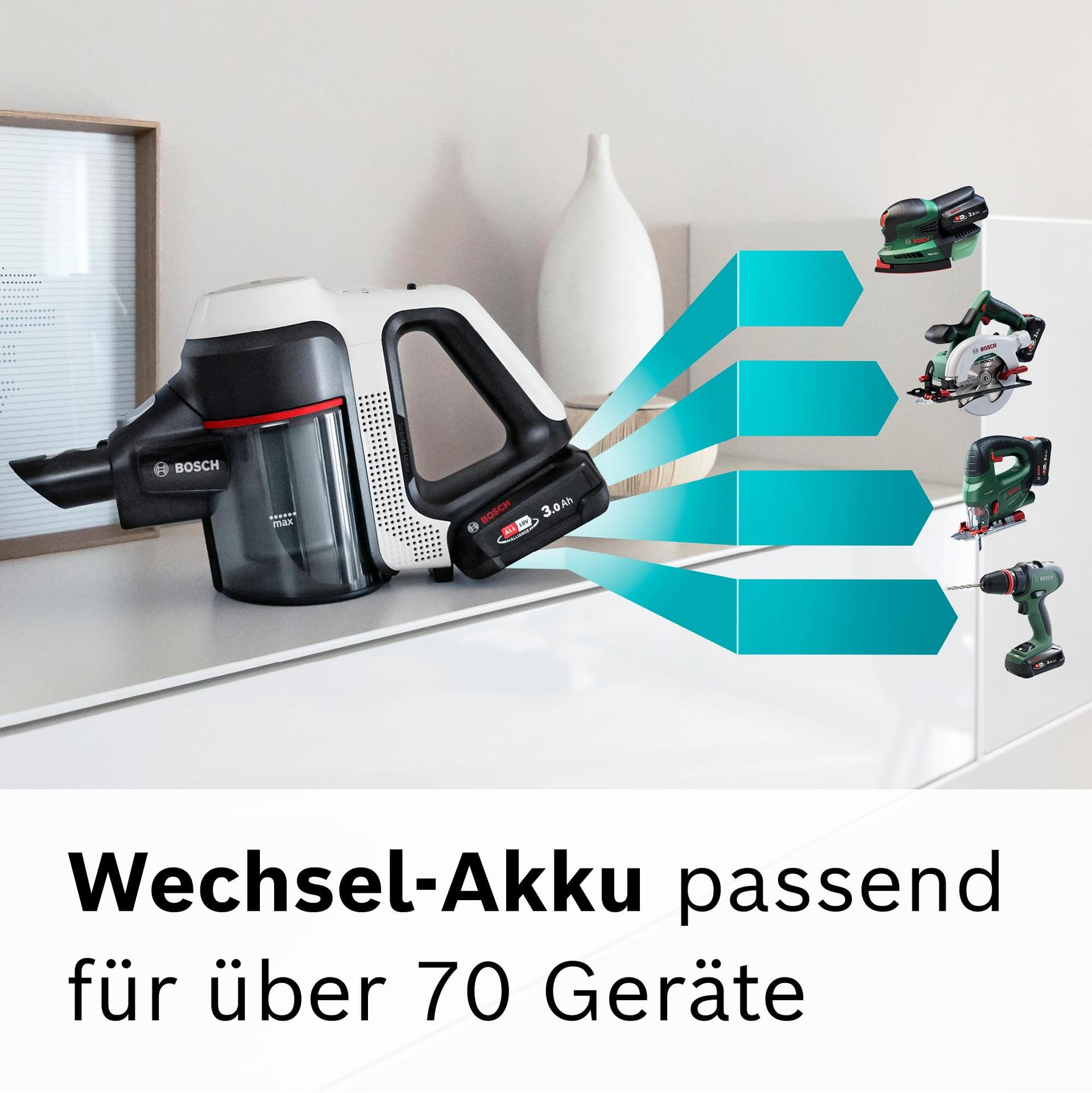Bosch juhtmeta tolmuimeja Unlimited 7 BKS711MTB, tolmukotita, vahetatava akuga, painduva toruga, hügieenifiltriga, 10-aastase mootorigarantiiga, mini-turbodüüsiga, LED-valgustusega, turborežiimiga, valge – pilt 7