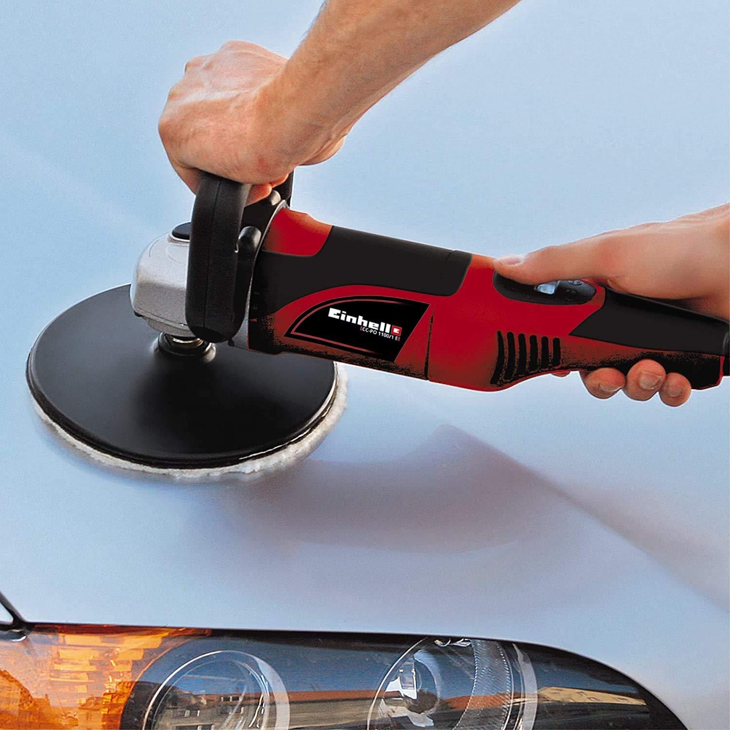 Einhell poleerimis- ja lihvimismasin CC-PO 1100/1E (1.100 W, kuni 3.500 p/min, elektrooniline kiirusregulatsioon, spindlilukk, takjakinnitus, sisaldab 1x vahtkatet, 2x sünteetilist poleerimiskatet, lihvpaberid) – kasutusnäide
