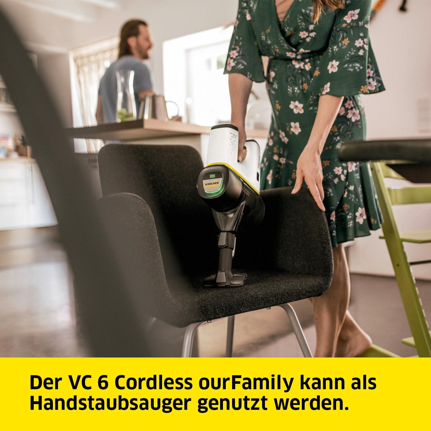 Kärcher juhtmevaba tolmuimeja VC 6 Cordless ourFamily, 2 imemisrežiimi, kuni 50 min tööaeg, kaal 2,8 kg, 25,2 V aku, seinakinnitus laadimisfunktsiooniga, põranda- ja piludüüs, tolmuhari, valge – kasutusnäide