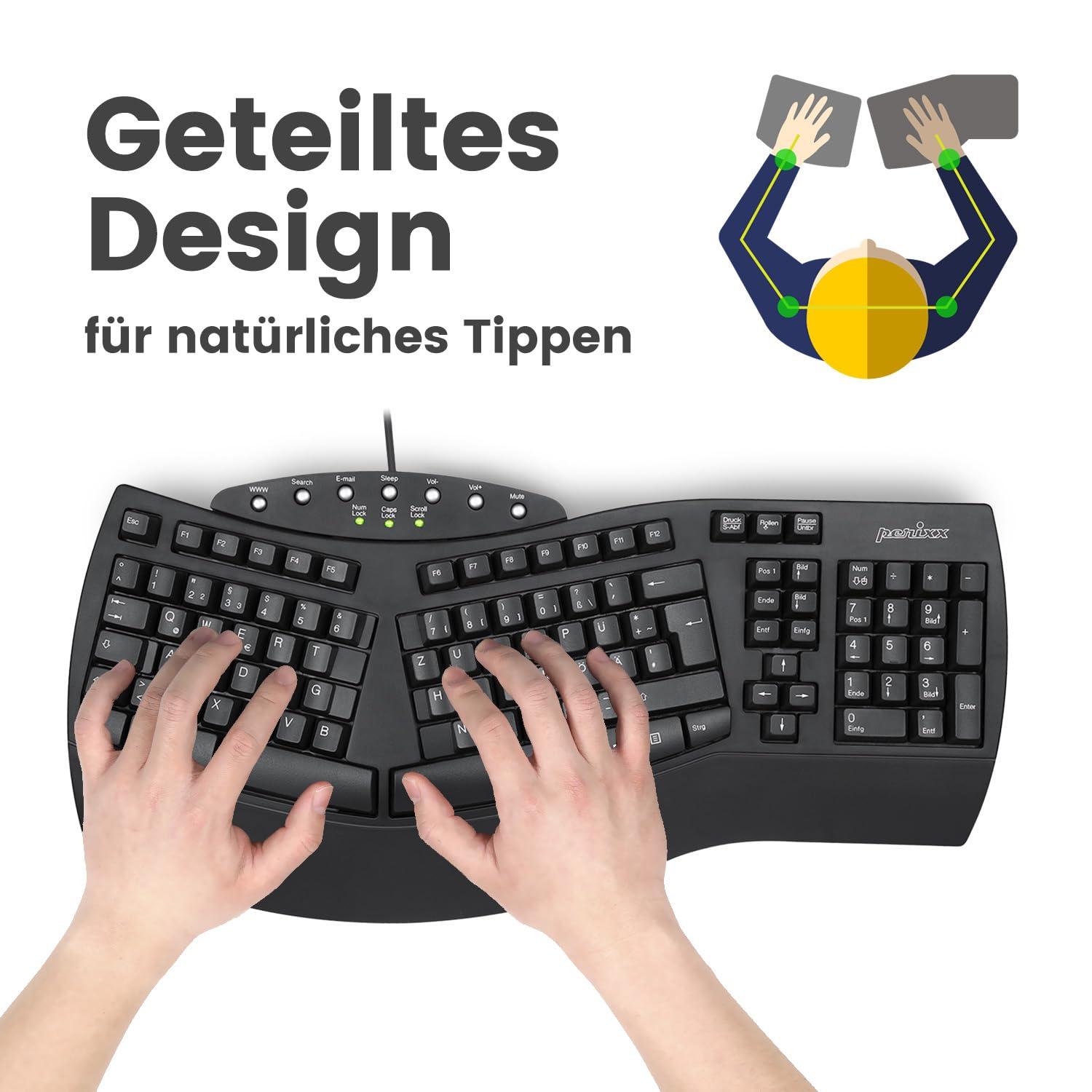 Perixx PERIDUO-512B ergonoomiline klaviatuuri ja hiire komplekt – vertikaalne ergohiir, juhtmega USB-ühendus, must – mugav QWERTZ paigutus – detailne vaade