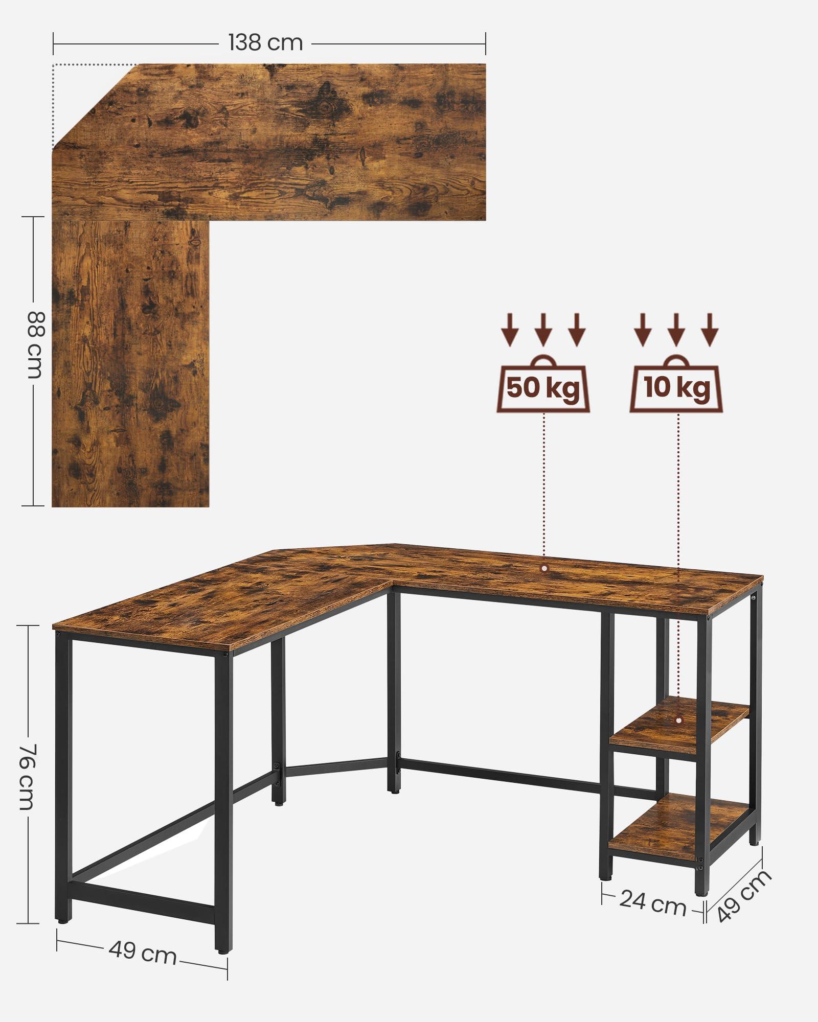 VASAGLE kirjutuslaud, L-kujuline arvutilaud, 138 x 138 x 76 cm, nurgalaud 2 riiuliga, ruumisäästlik kontorilaud, mängurilaud, kodukontor, lihtne paigaldus, vintagepruun-must LWD72X – pilt 6