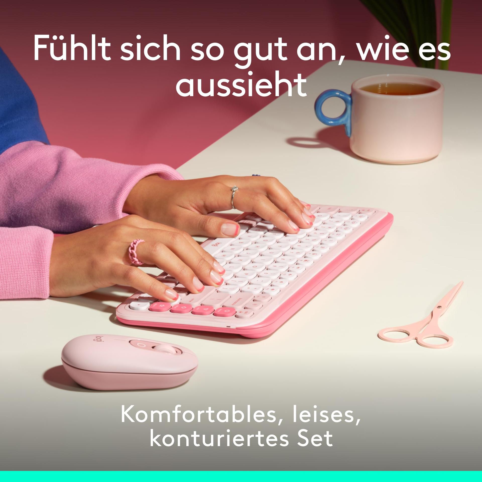 Logitech POP ICON KOMBO, Bluetooth-klaviatuuri ja hiire komplekt, mugav trükkimine, programmeeritavad klahvid, vaiksed klõpsud, Easy-Switch kuni 3 seadmele, Saksa QWERTZ-paigutus – Roosa – pakend ja tarvikud
