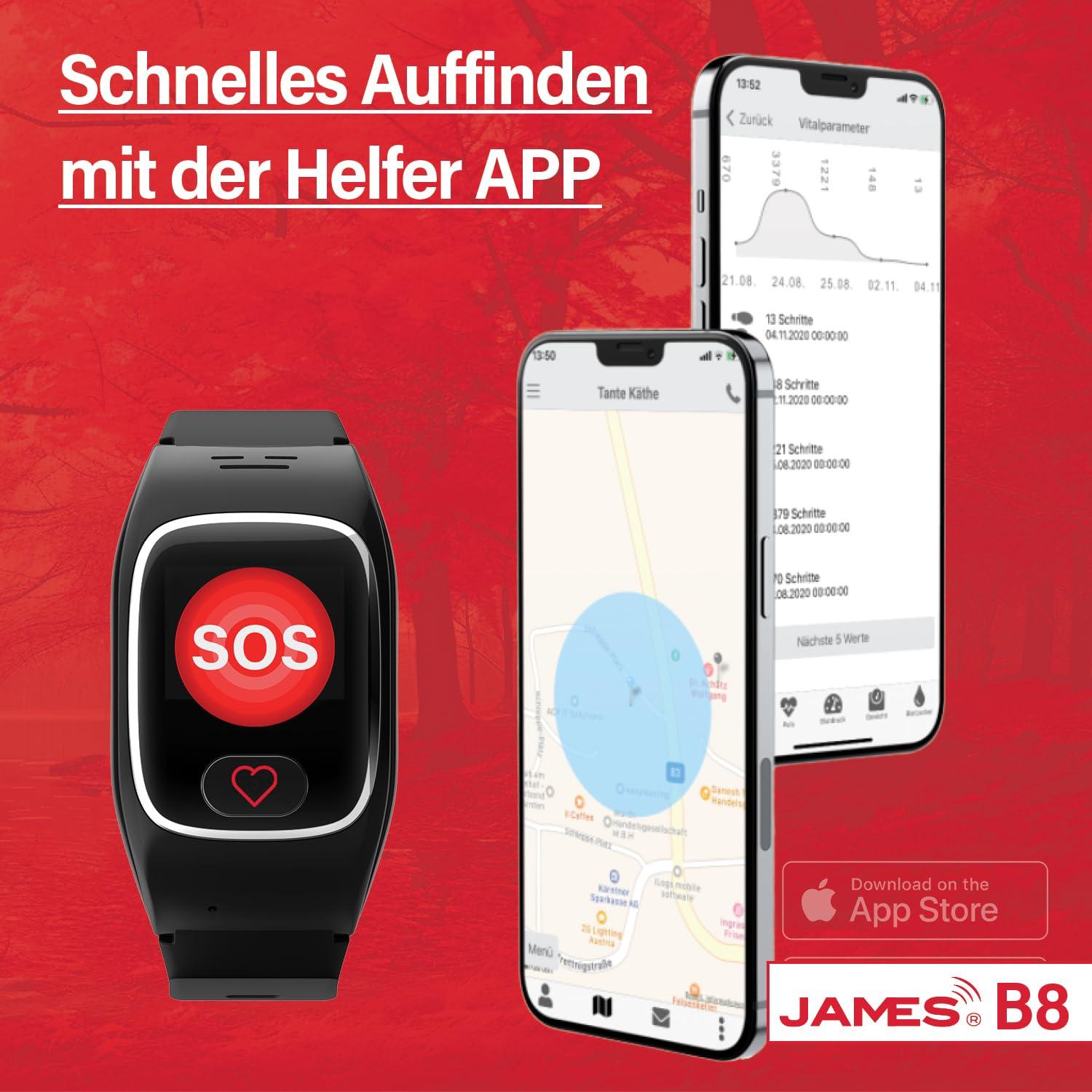 James B8 (must) Hädaabi- ja turvakell eakatele, kukkumistuvastus, hädaabinupp ja GPS-jälgimine, tervisefunktsioonid nagu pulsimõõtmine, pereäpp + SIM-kaart kuulub kuutasusse, alarm – kasutusnäide