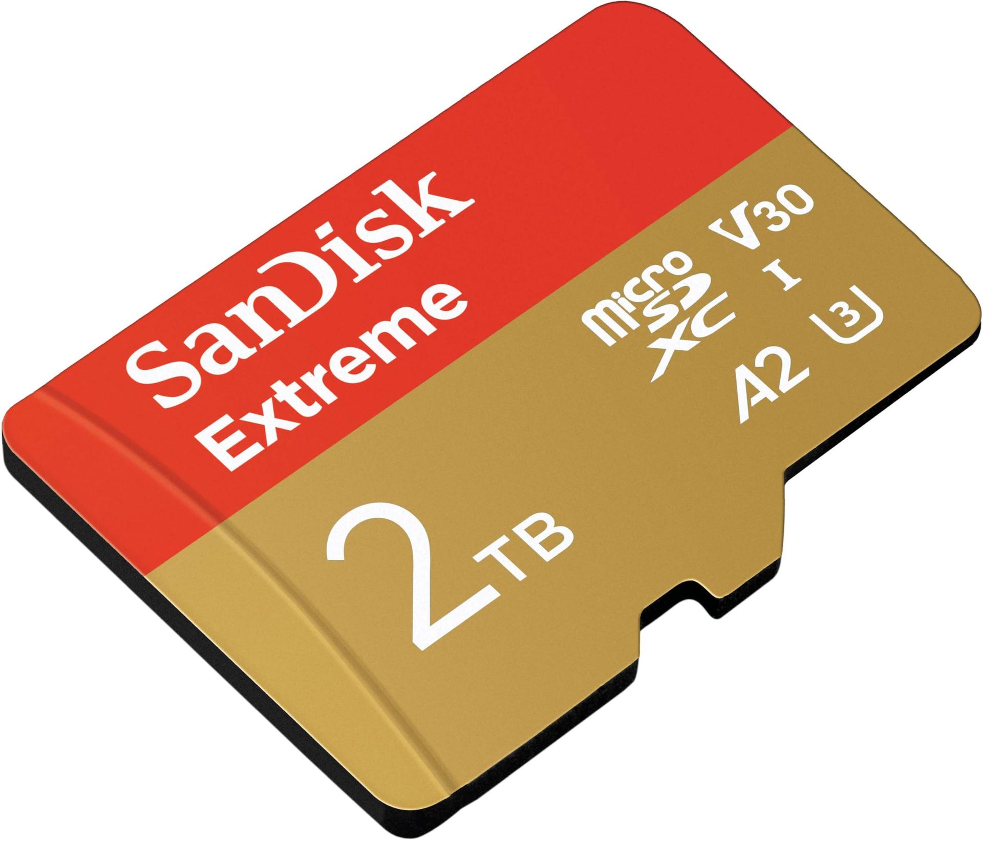 SanDisk Extreme microSDXC UHS-I mälukaart 2TB + SD adapter (nutitelefonidele, action-kaameratele ja droonidele, kuni 240 MB/s ülekandekiirus, 4K UHD, RescuePRO Deluxe, UHS-I, U3, V30) – detailne vaade