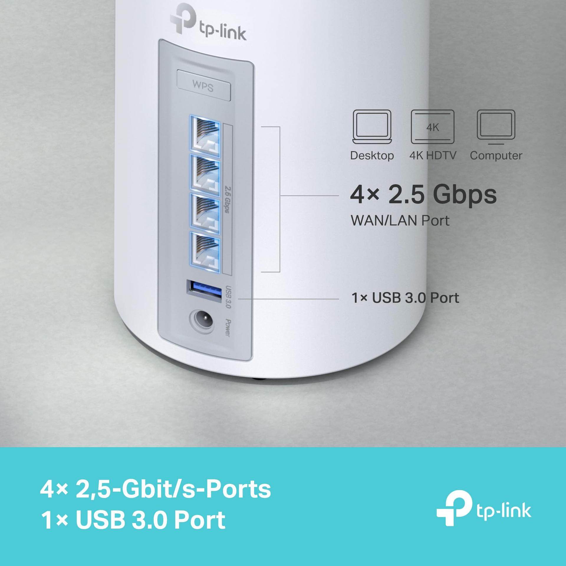 TP-Link Deco BE65 Wi-Fi 7 Mesh WLAN süsteem (3-pack), Tri-Band 5760 Mbit/s (6 GHz) + 2880 Mbit/s (5 GHz) + 574 Mbit/s (2,4 GHz), 6 voogu, 4× 2,5G porti, 1× USB 3.0 – lisavaade