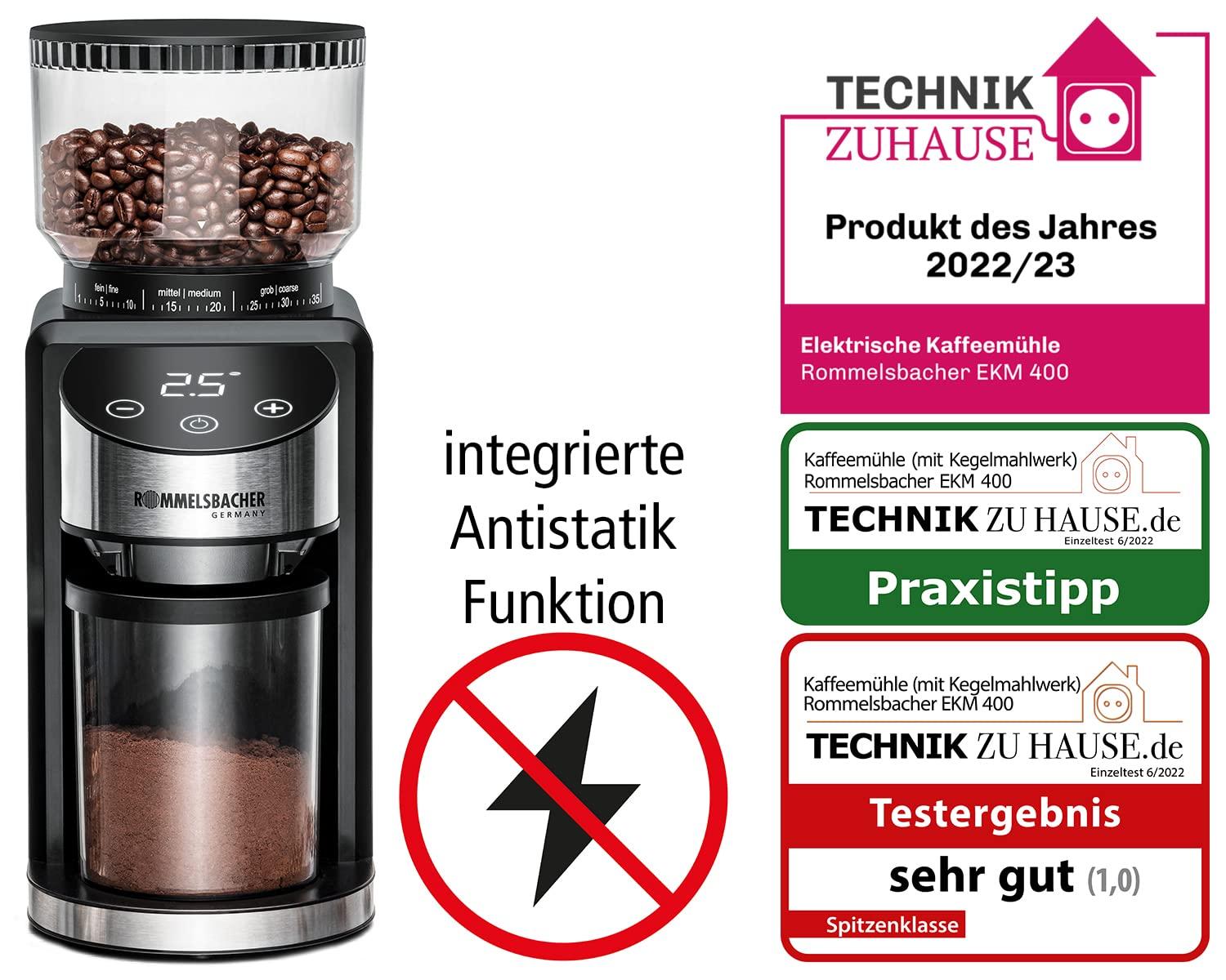 ROMMELSBACHER kohviveski EKM 400 – koonusjahvatus, antistaatiline funktsioon, 12 portsjonit, hoidik portafiltrile, 35-astmeline jahvatusseade, 220 g ubade mahuti, 130 W – pakend ja tarvikud