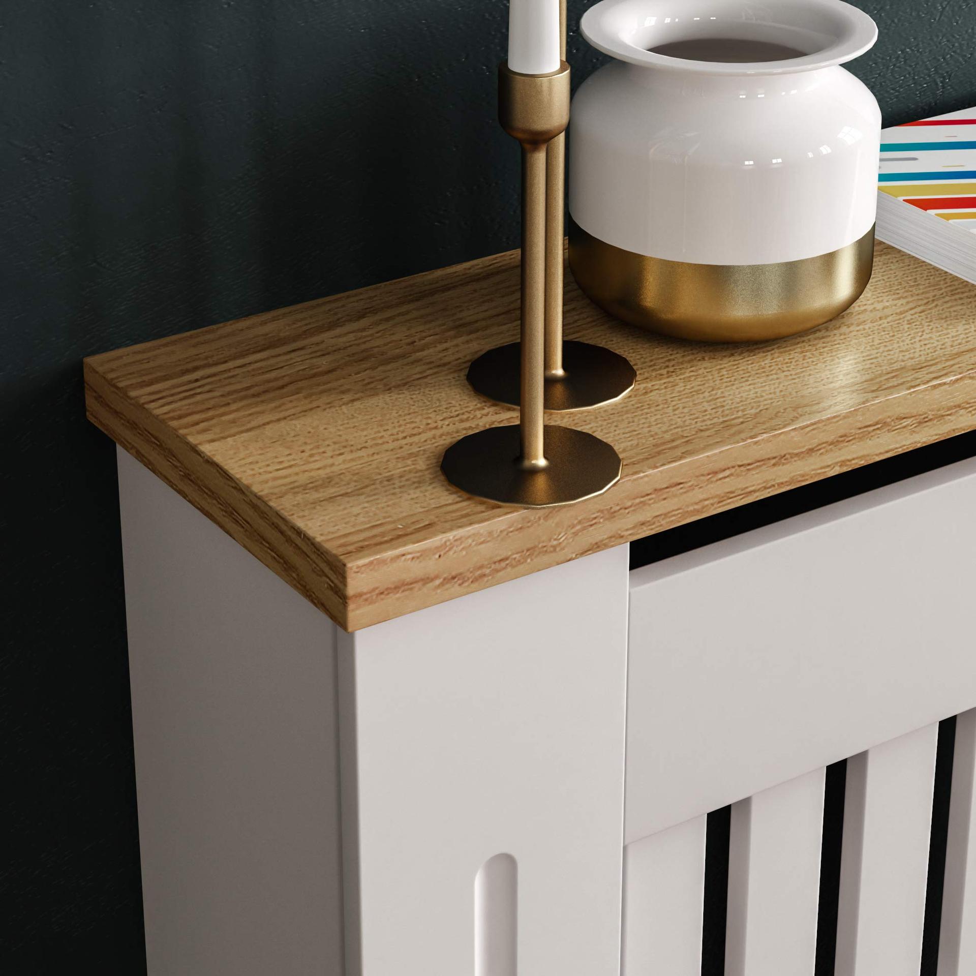 Vida Designs Arlington Radiaatorikate, valge, kaasaegne MDF-kapp, liistud, grill, puidust riiul, keskmine (K: 83,3 / L: 111 / S: 19 cm) – kasutusnäide