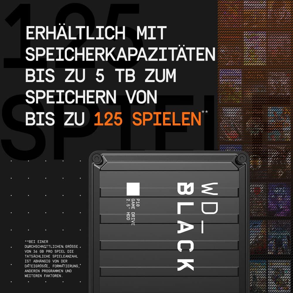 WD_BLACK P10 Game Drive 4 TB väline kõvaketas (mobiilne ja vastupidav suure jõudlusega kõvaketas, sobib konsoolidele ja arvutitele, kuni 125 mängu mahutav) Must – kasutusnäide