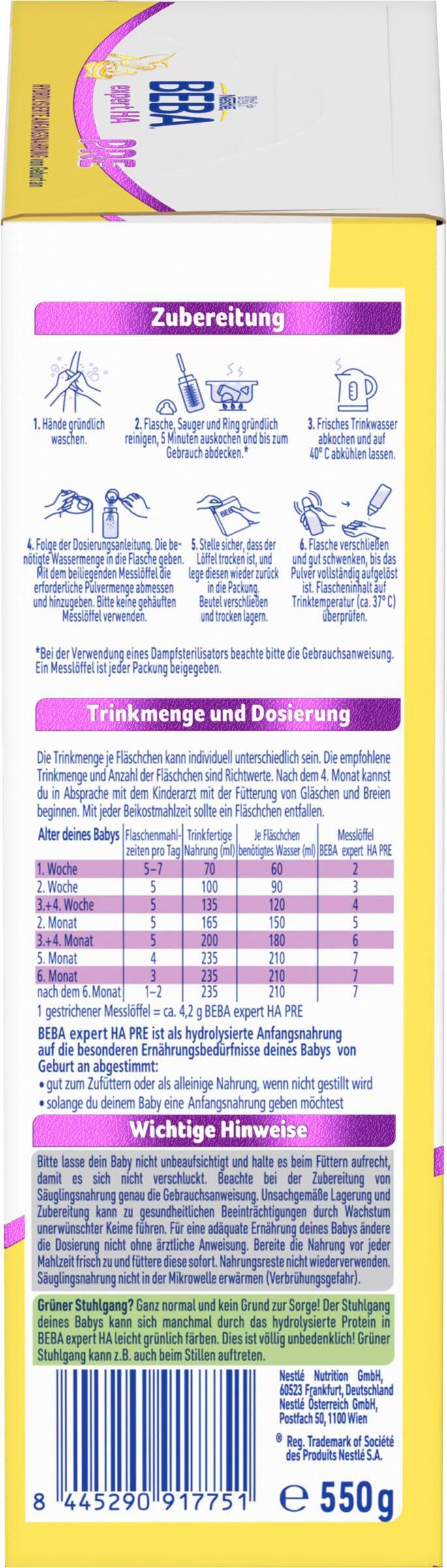 BEBA Expert HA PRE Hüdrolüüsitud Algtaseme Imitatsioonipiim, Imikutoit Sünnist alates, 6-pakk (6 x 550g) – pakend ja tarvikud