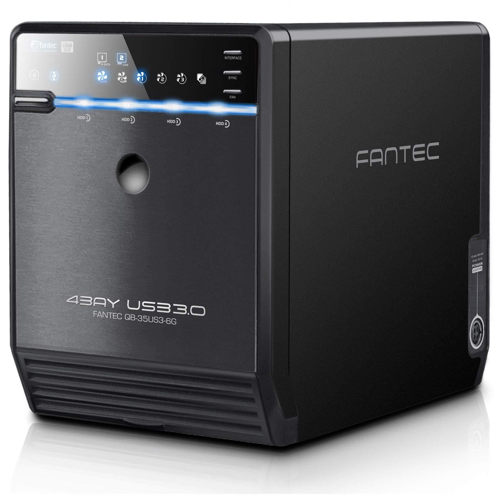 FANTEC QB-35US3-6G väline 4-kohaline kõvakettakorpus (sobib 4x 8,89 cm (3,5-tollistele) SATA I/II/III kõvaketastele, USB 3.0 SuperSpeed ja eSATA ühendus, 6G tugi, 80 mm temperatuuri järgi reguleeritav ventilaator)