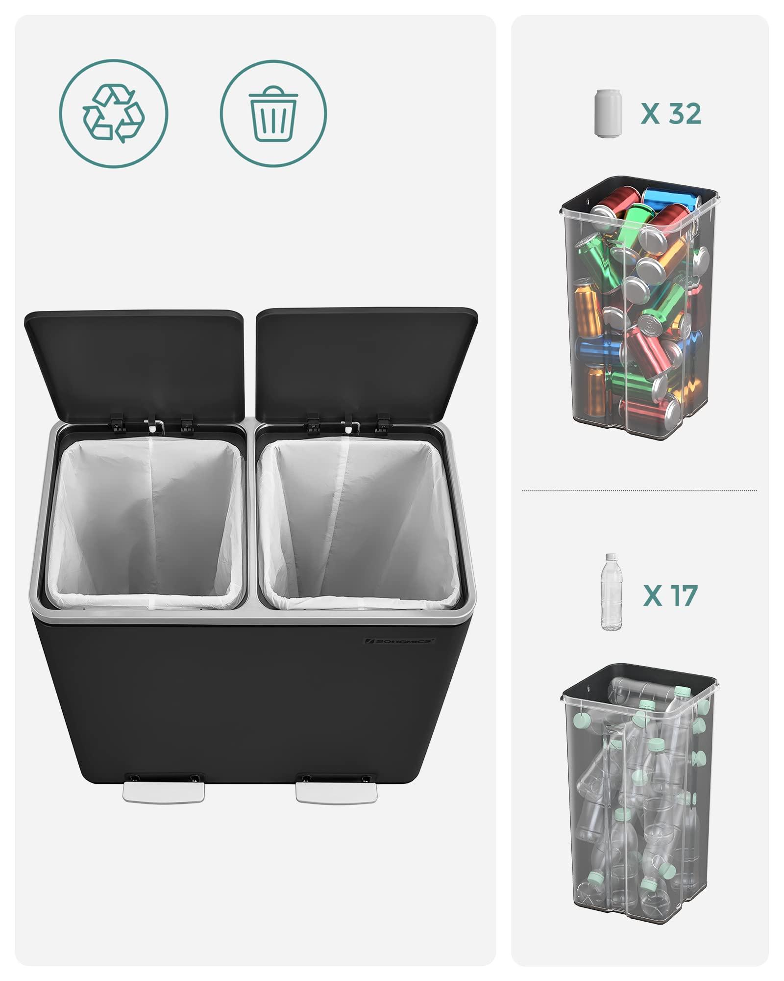 SONGMICS prügikast, jäätmete sorteerimissüsteem 2 sektsiooniga, pedaaliga köögiprügikast, 48 L, pehme sulgumisega, plastikust sisekonteinerid, must LTB48BK, 58,5 x 32 x 54,5 cm – lisavaade