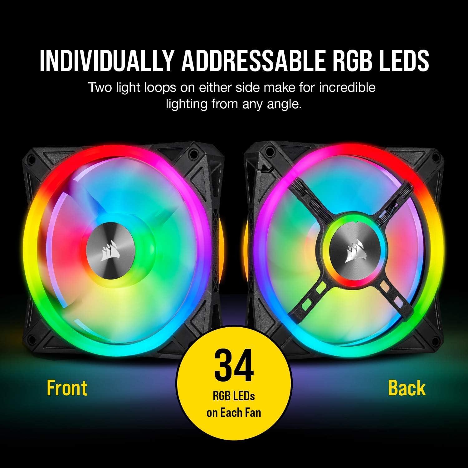 Corsair iCUE QL120 RGB, 120 mm LED PWM ventilaator (lauaarvutitele, 68 individuaalselt juhitavat RGB-LED-i, kiirus kuni 1 500 p/min, madala müratasemega) 3-osaline komplekt koos Lighting Node Core’iga – must – pakend ja tarvikud