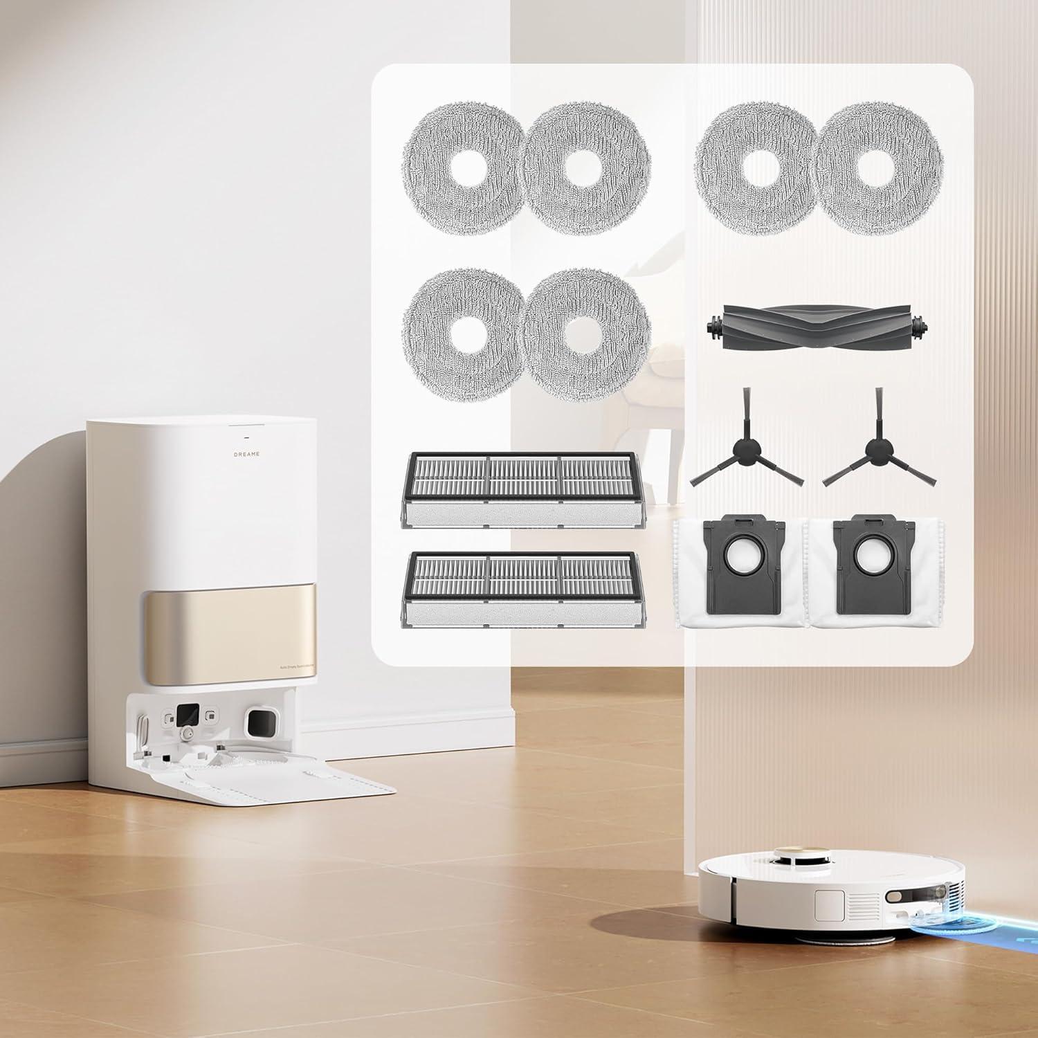 Dreame tarvikukomplekt L10s Ultra Gen2 roboti jaoks – 1x peahari, 2x küljeharjad, 2x tolmufiltrid, 2x tolmukotid, 6x mopilapid (3 paari) – detailne vaade