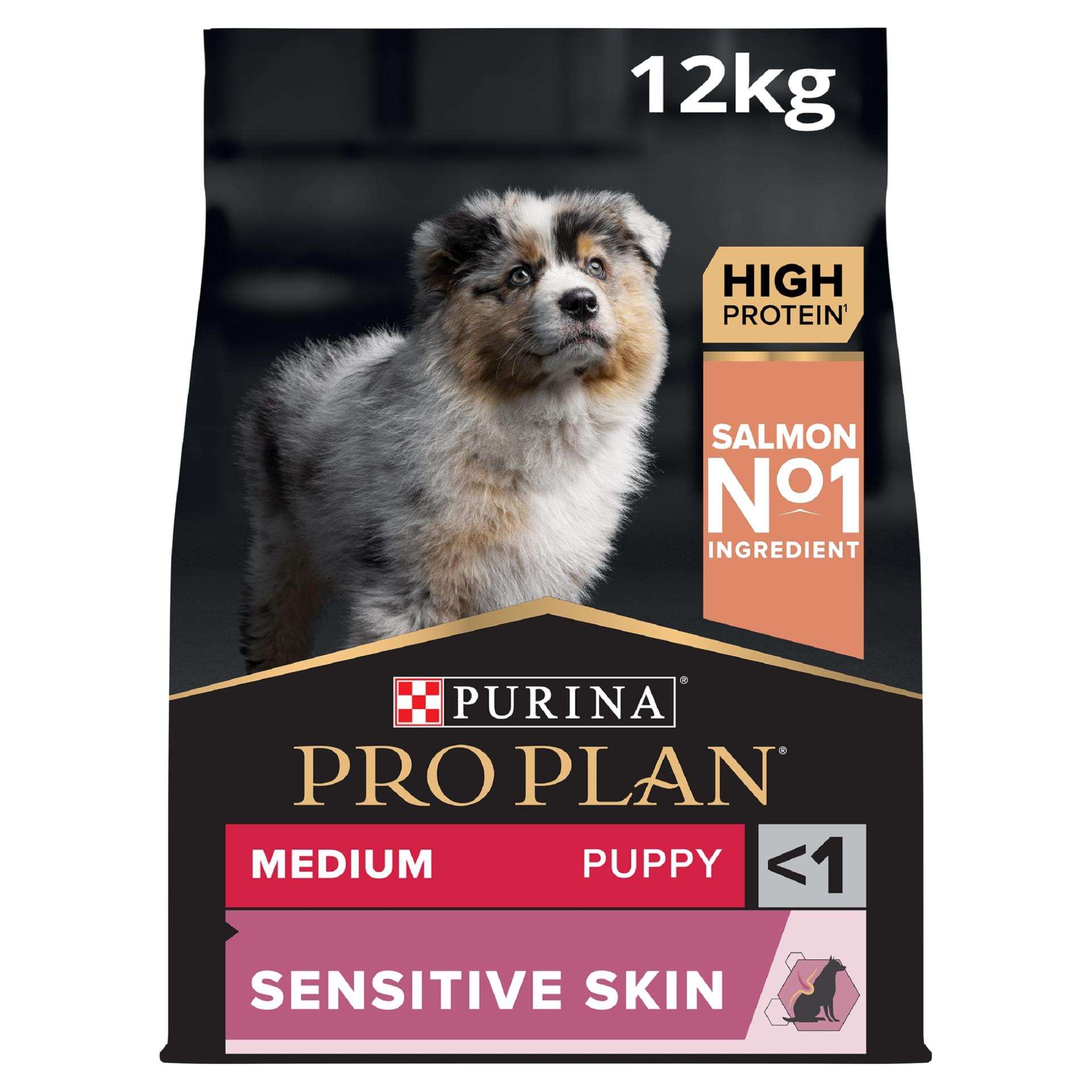 Pro Plan Medium Puppy Sensitive Skin, kuivtoit kutsikatele, rikas lõhega, 1 pakk (1 x 12 kg)