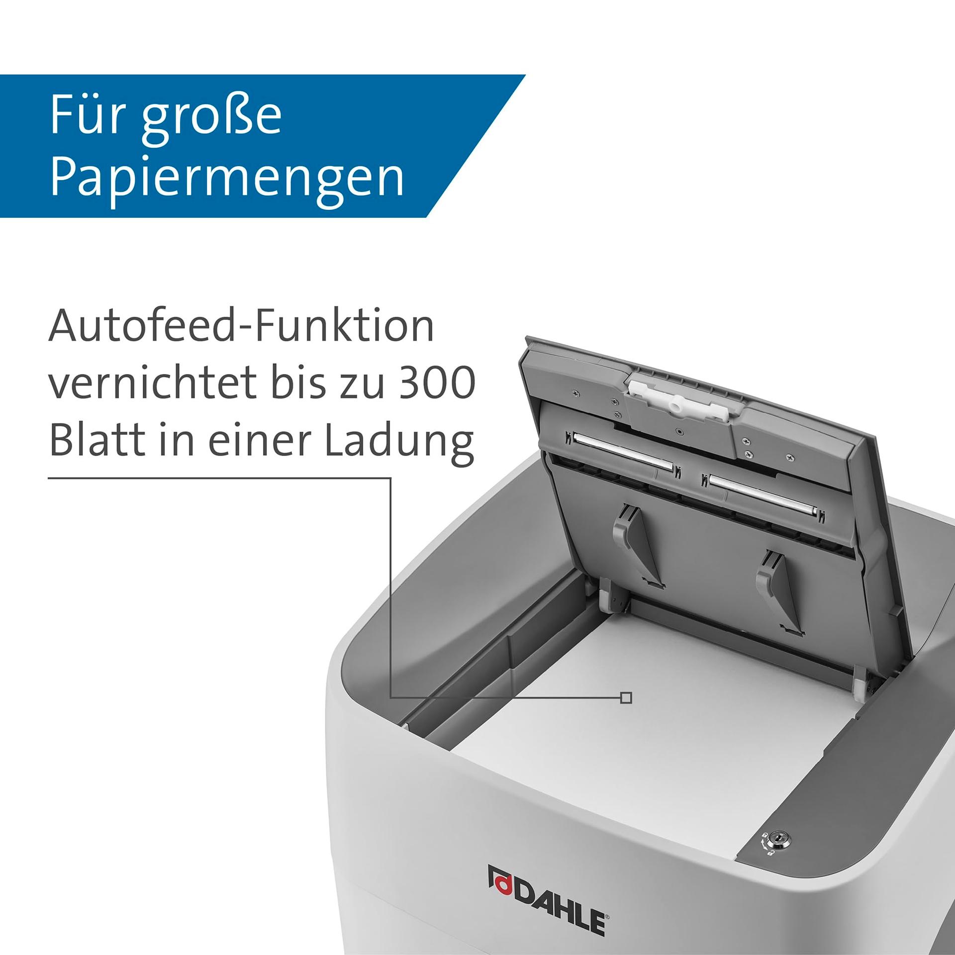 Dahle ShredMATIC 300 P4 paberihävitaja automaatse paberisöötmisega (300 lehte, osakesteks lõikamine, õli- ja hooldusvaba) hall – kasutusnäide
