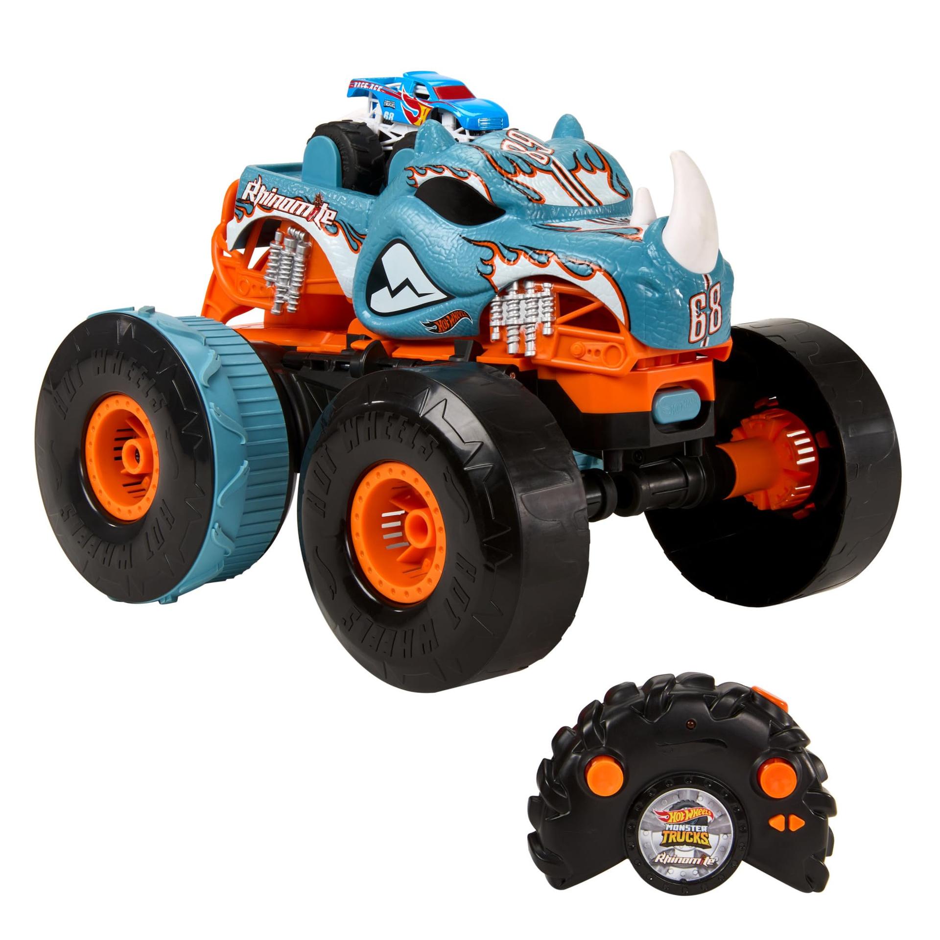 Hot Wheels Monster Trucks juhtimispultiga auto, ümber ehitatav Rhinomite 1:12 mõõtkavas Race Ace mänguasjaautoga 1:64 mõõtkavas, muudetav stardiplatvormiks, HPK27 – pilt 7