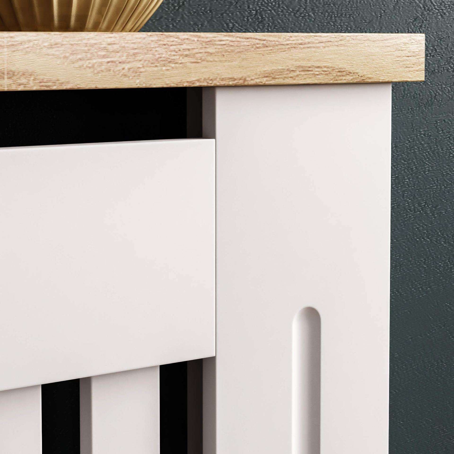 Vida Designs Arlington radiaatorikate, modernne, valge lakitud, MDF-kapp, liistud, sooned, pealmine puidust riiul, suur – lisavaade