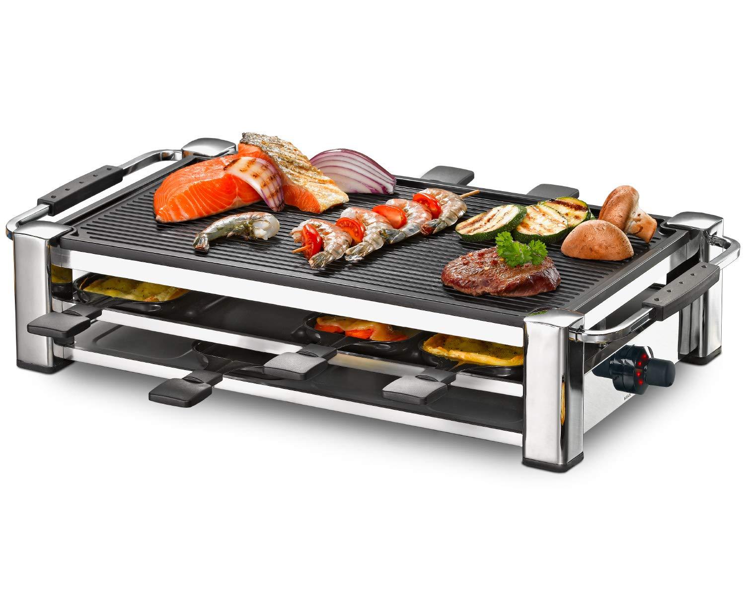 ROMMELSBACHER RCC 1500 Raclette-Grill (2 m pikk juhe, lauagrill 8 inimesele, alumiiniumist grillplaat, Xylan Plus mittenakkuv kate, parkimistekk, 1500 W) kroom