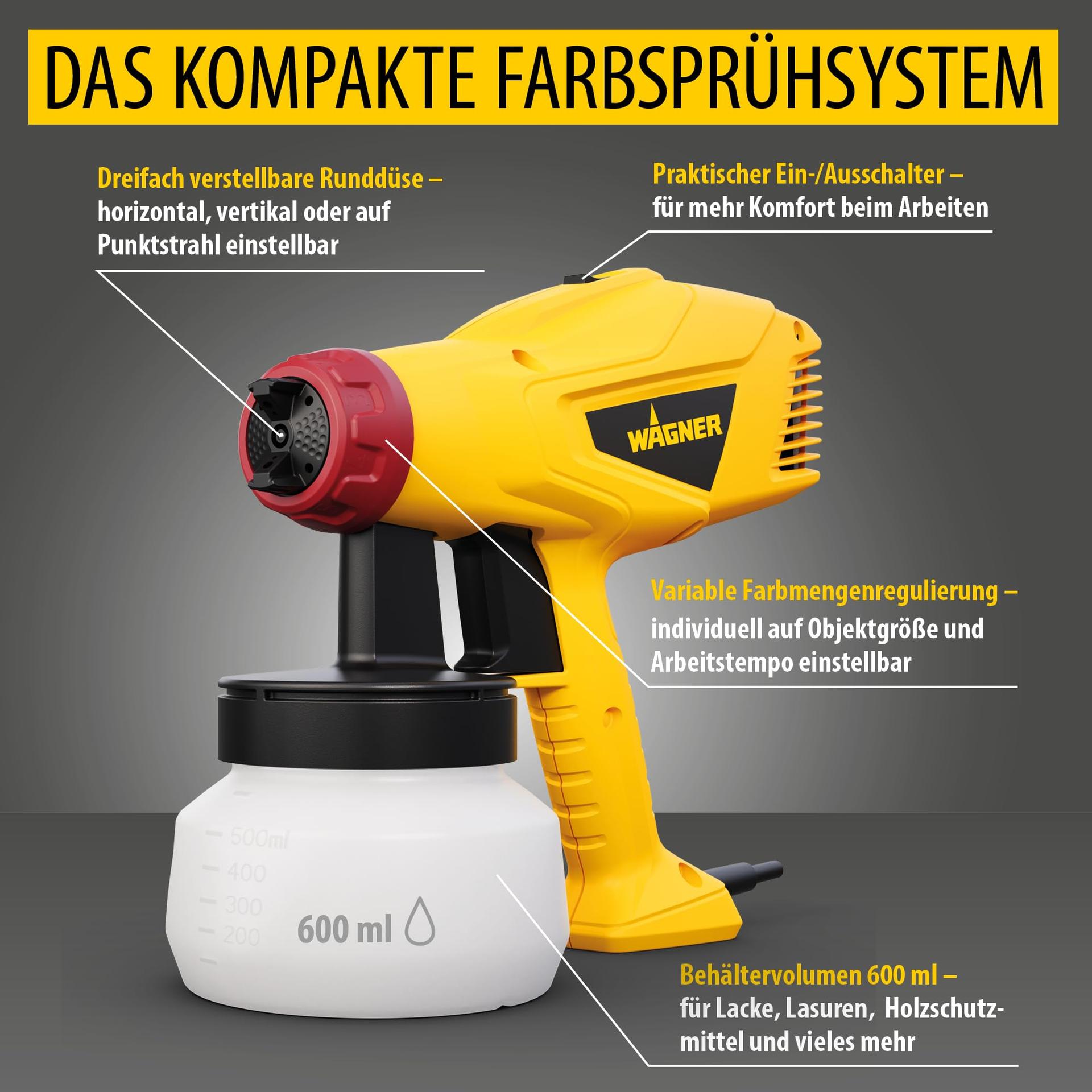 WAGNER värvipihustussüsteem Wood&Metal Sprayer W125 lakide ja peitside jaoks sise- ja välistingimustes, kollane, must, punane, 5 m – 10 min, 600 ml mahuti, 350 W – detailne vaade