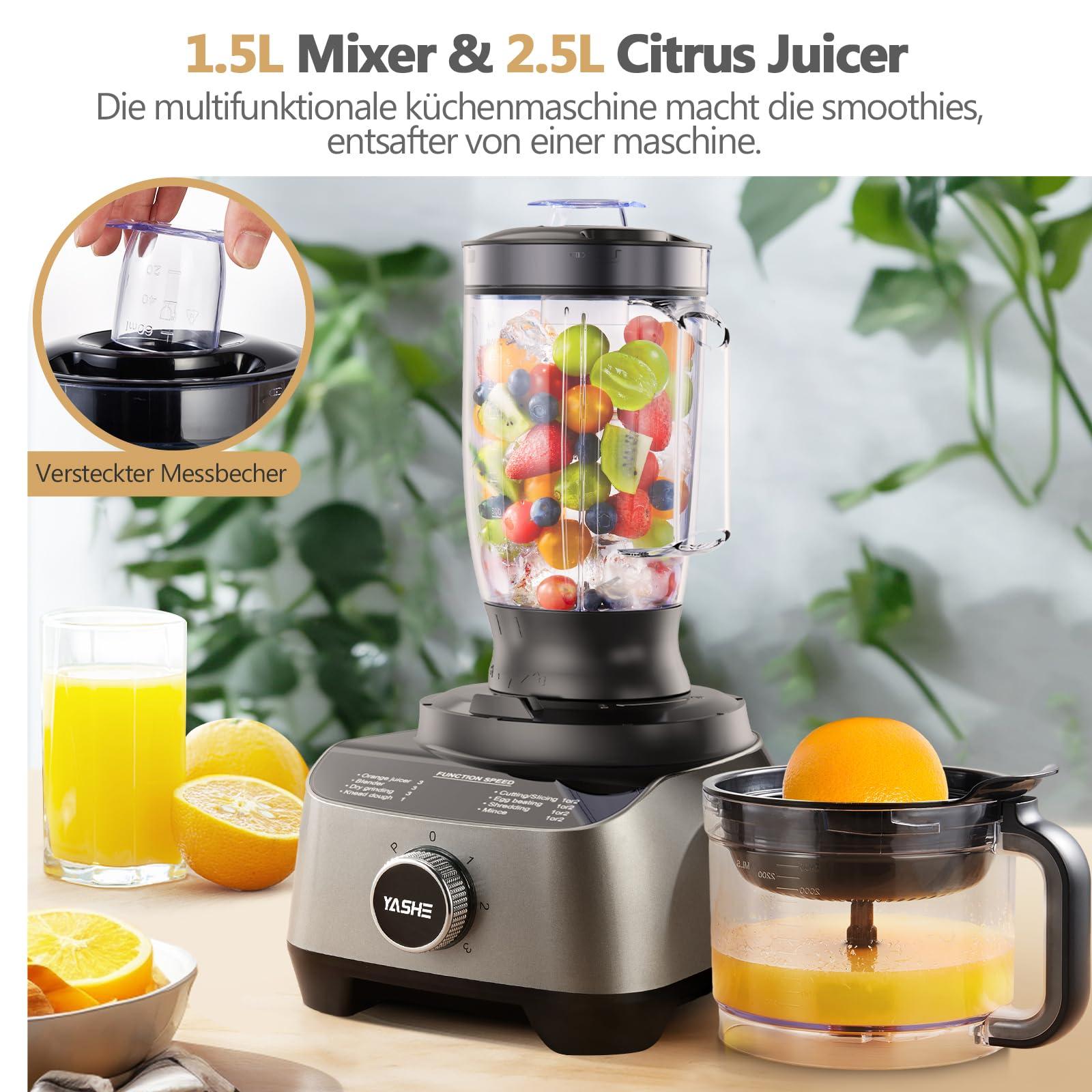 YASHE 11-in-1 köögikombain, 1300W multifunktsionaalne köögitöötlusseade – 2,5L segamiskauss ja 1,5L blender, uuendatud lõikeketas, tsitrusepress, taignasegaja, jahvatusmasin, vispel, hakkija – pilt 6