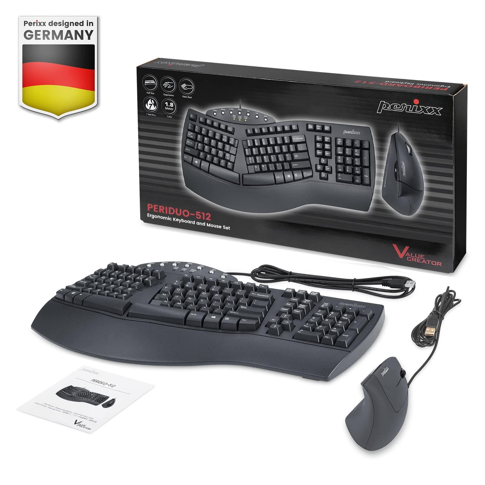 Perixx PERIDUO-512B ergonoomiline klaviatuuri ja hiire komplekt – vertikaalne ergohiir, juhtmega USB-ühendus, must – mugav QWERTZ paigutus – pilt 7