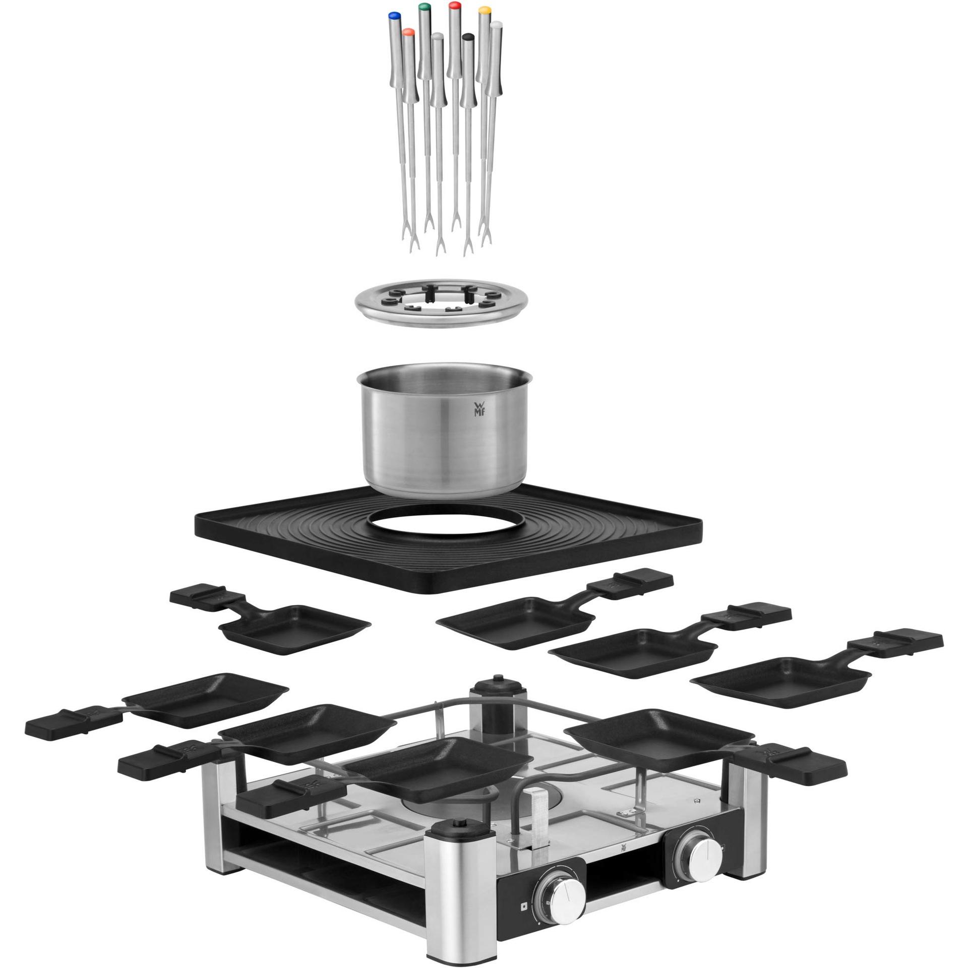 WMF Lumero 3in1 Gurmeejaam 8-le inimesele – Raclette ja Fondue Kombi, elektriline, temperatuuriregulatsioon, valgustus, 1800 W, roostevaba teras – pakend ja tarvikud