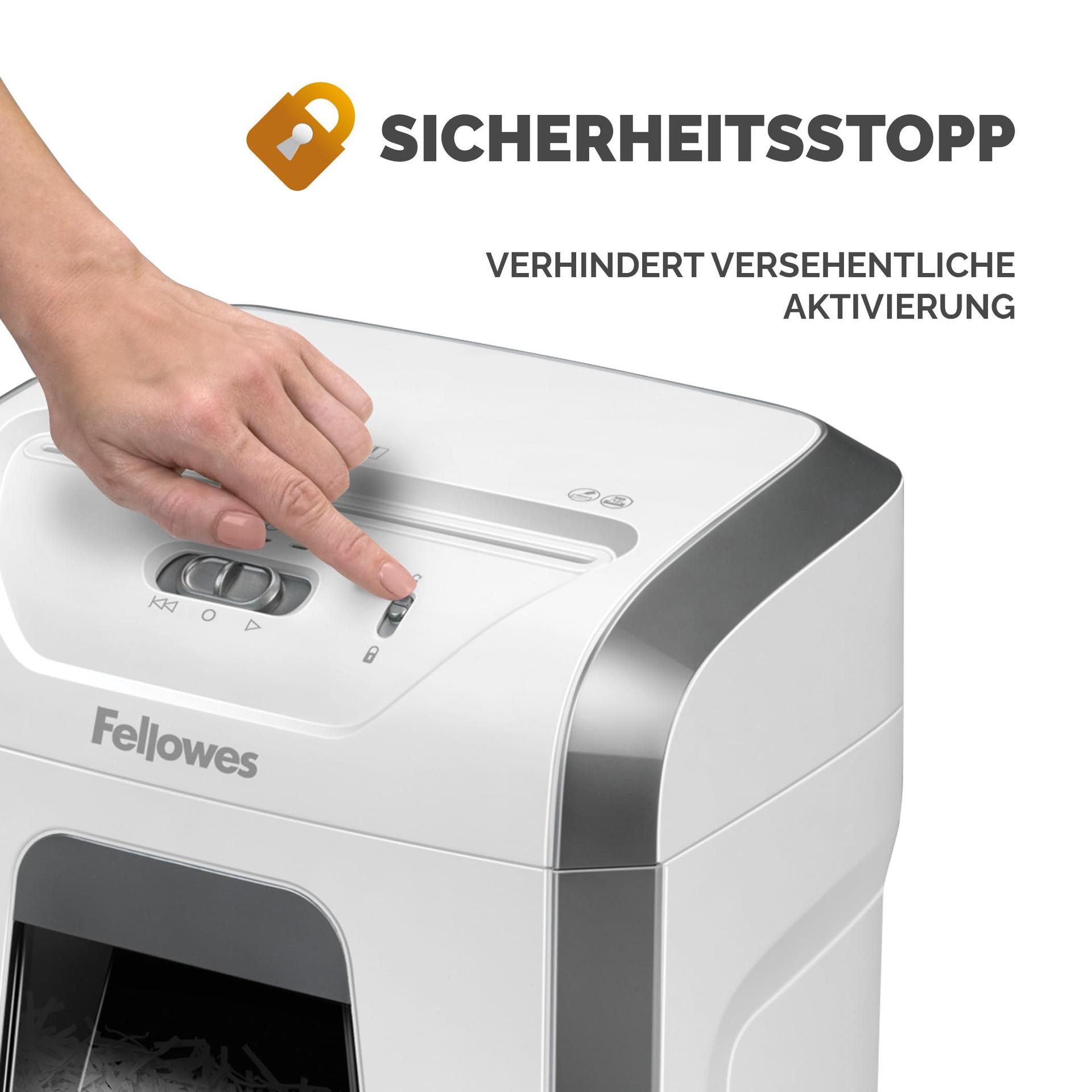 Fellowes dokumendihävitaja kodukontorisse – 15-leheline ristlõikega purustaja lauale – Powershred 15C hävitaja 19L mahutiga – kõrge turvataset P-4 – valge – kasutusnäide