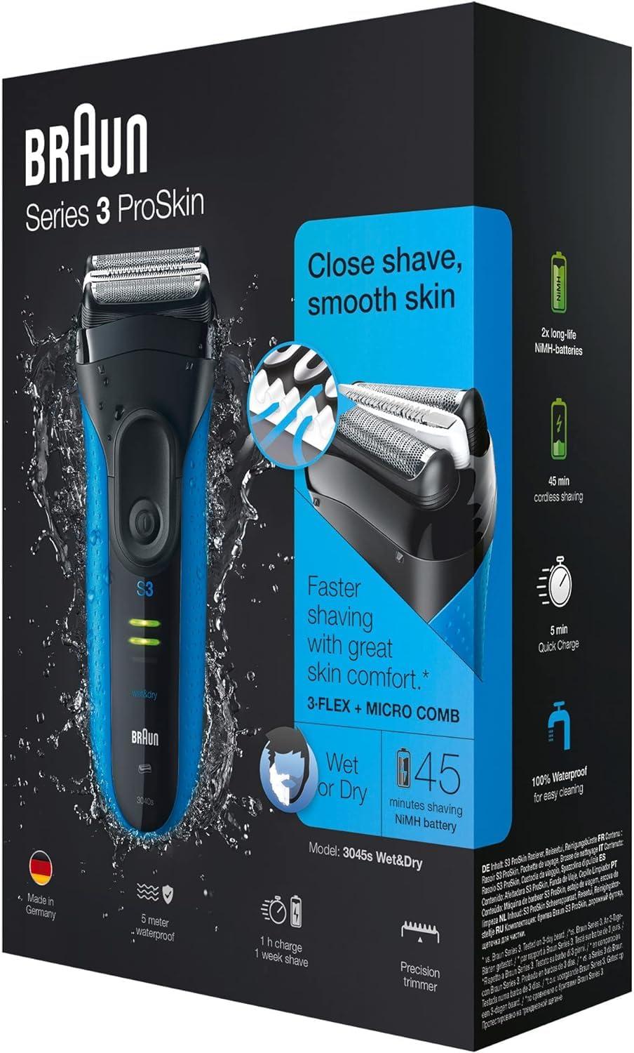 Braun Series 3 ProSkin Elektriline Pardel, Trimmer, Habemeajaja Meestele, Märg ja Kuiv, Reisikohvriga, Valmistatud Saksamaal, 3045s, Must/Sinine – pilt 6