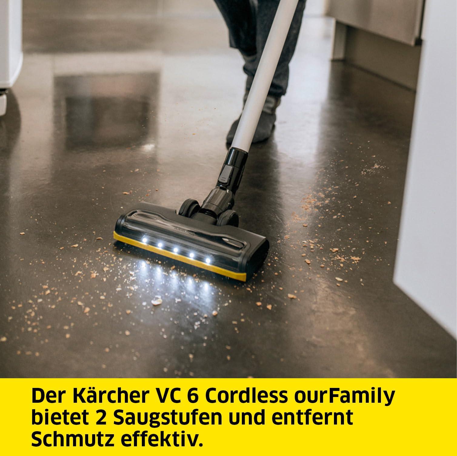 Kärcher juhtmevaba tolmuimeja VC 6 Cordless ourFamily, 2 imemisrežiimi, kuni 50 min tööaeg, kaal 2,8 kg, 25,2 V aku, seinakinnitus laadimisfunktsiooniga, põranda- ja piludüüs, tolmuhari, valge – detailne vaade
