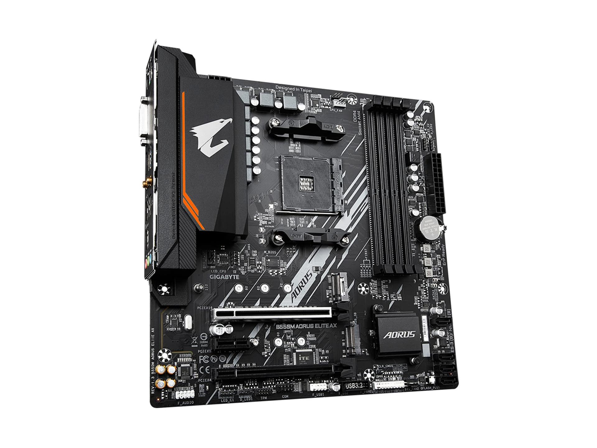 Gigabyte B550M AORUS Elite AX (AM4/AMD/B550/Micro ATX/Single M.2/SATA 6Gb/s/USB 3.2 Gen 1/Realtek GbE LAN/PCIe 4.0/Emaplaat) – pakend ja tarvikud